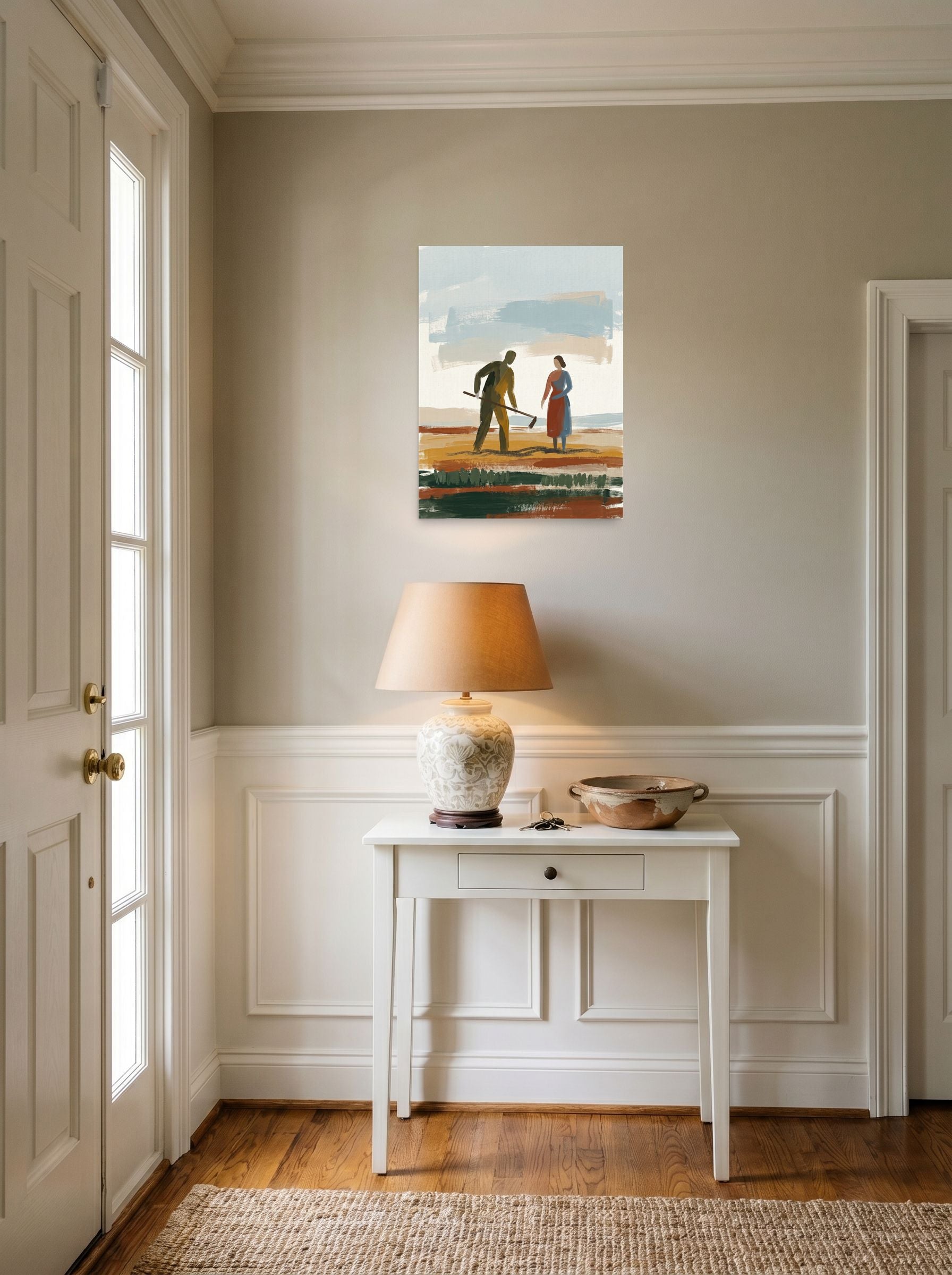 A 18x24 inch unframed paper Expressionism,Figurative art print of 'Tilling the Earth' hanging in an entryway near a console.
