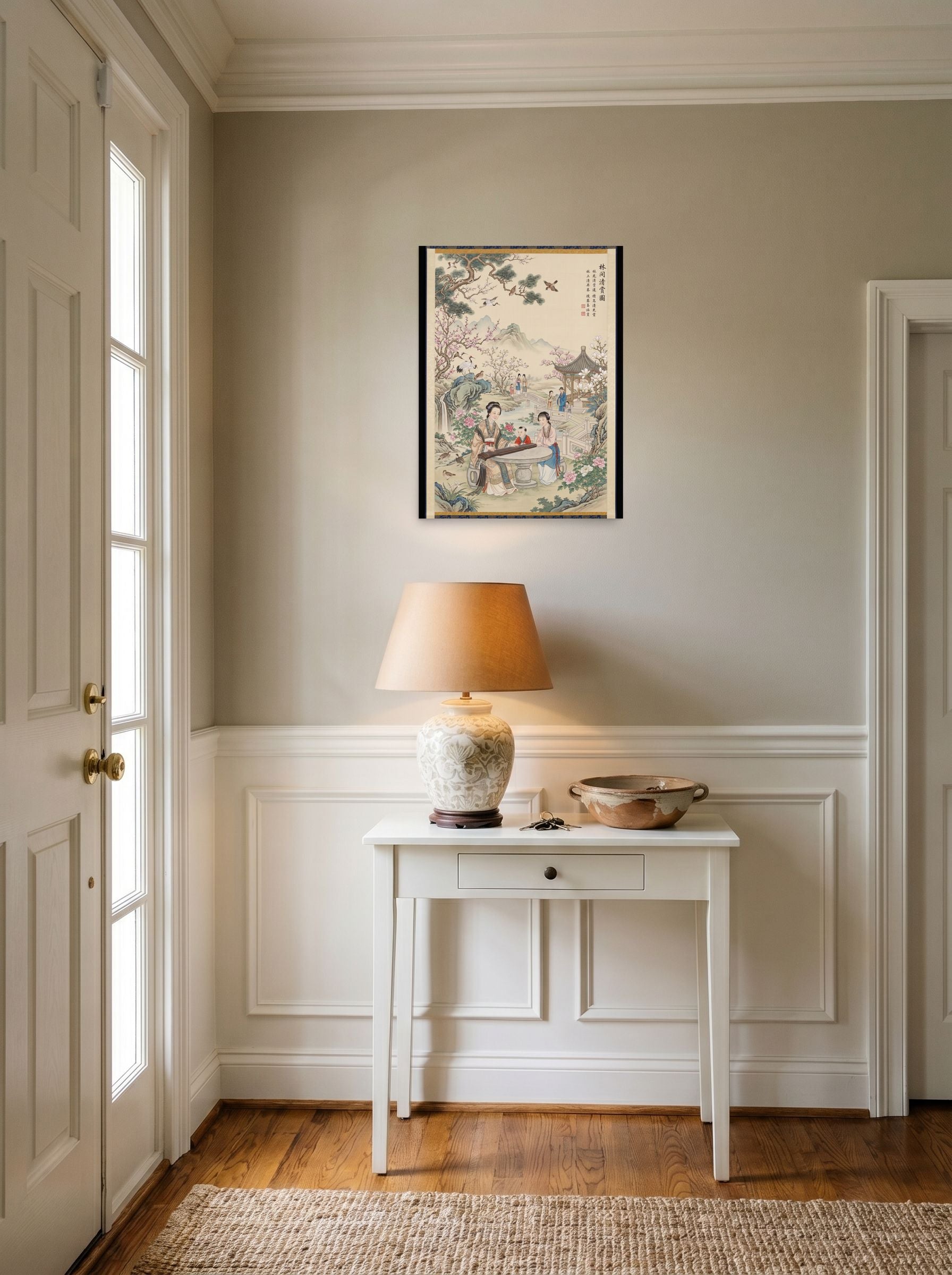 A 18x24 inch unframed paper Fine Art print of 'Melody in the Spring Garden' hanging in an entryway near a console.