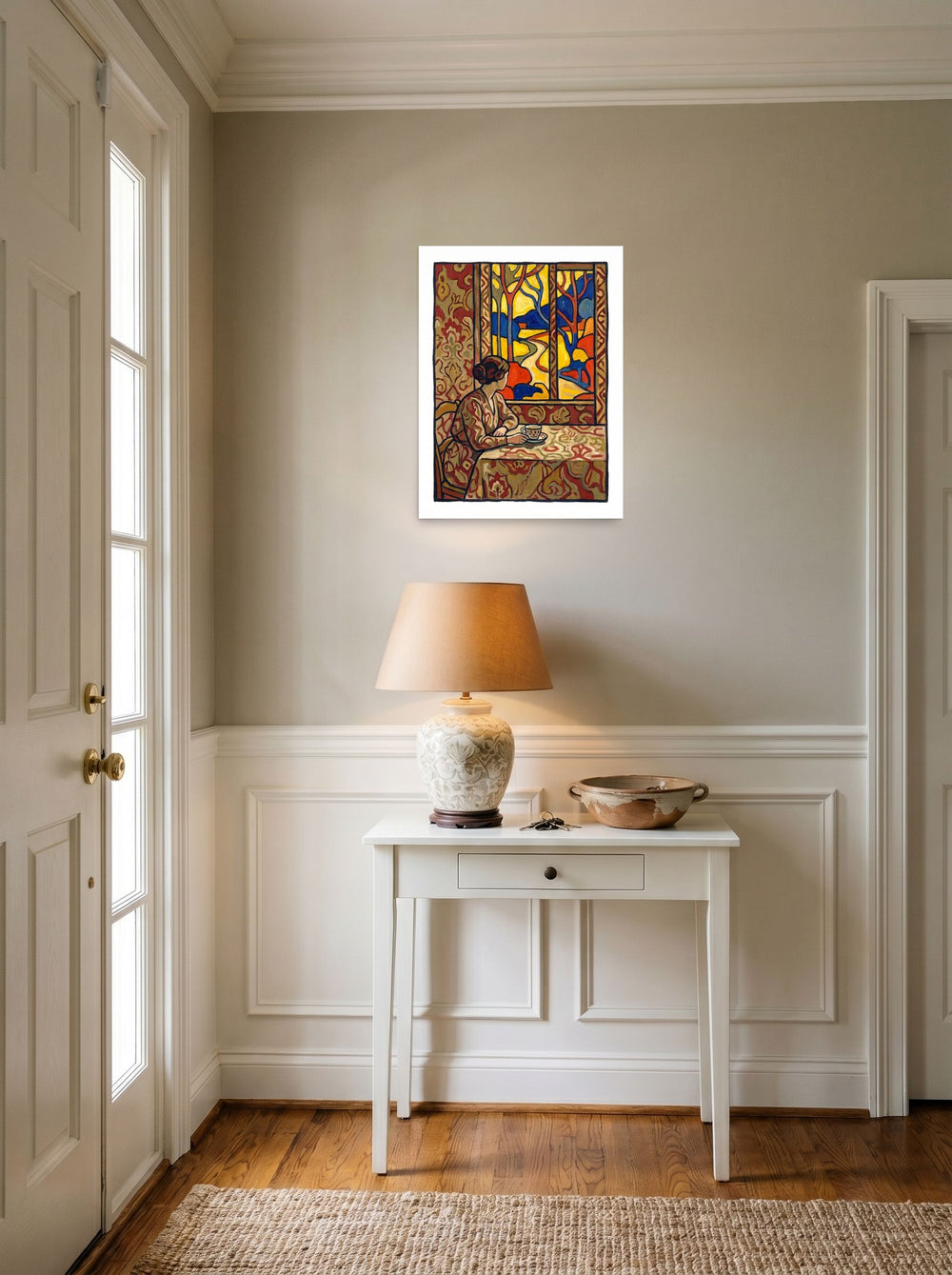 'Morning Window', a Les Nabis print hanging in an entryway near a console. Shown as unframed paper, 18x24 inch.