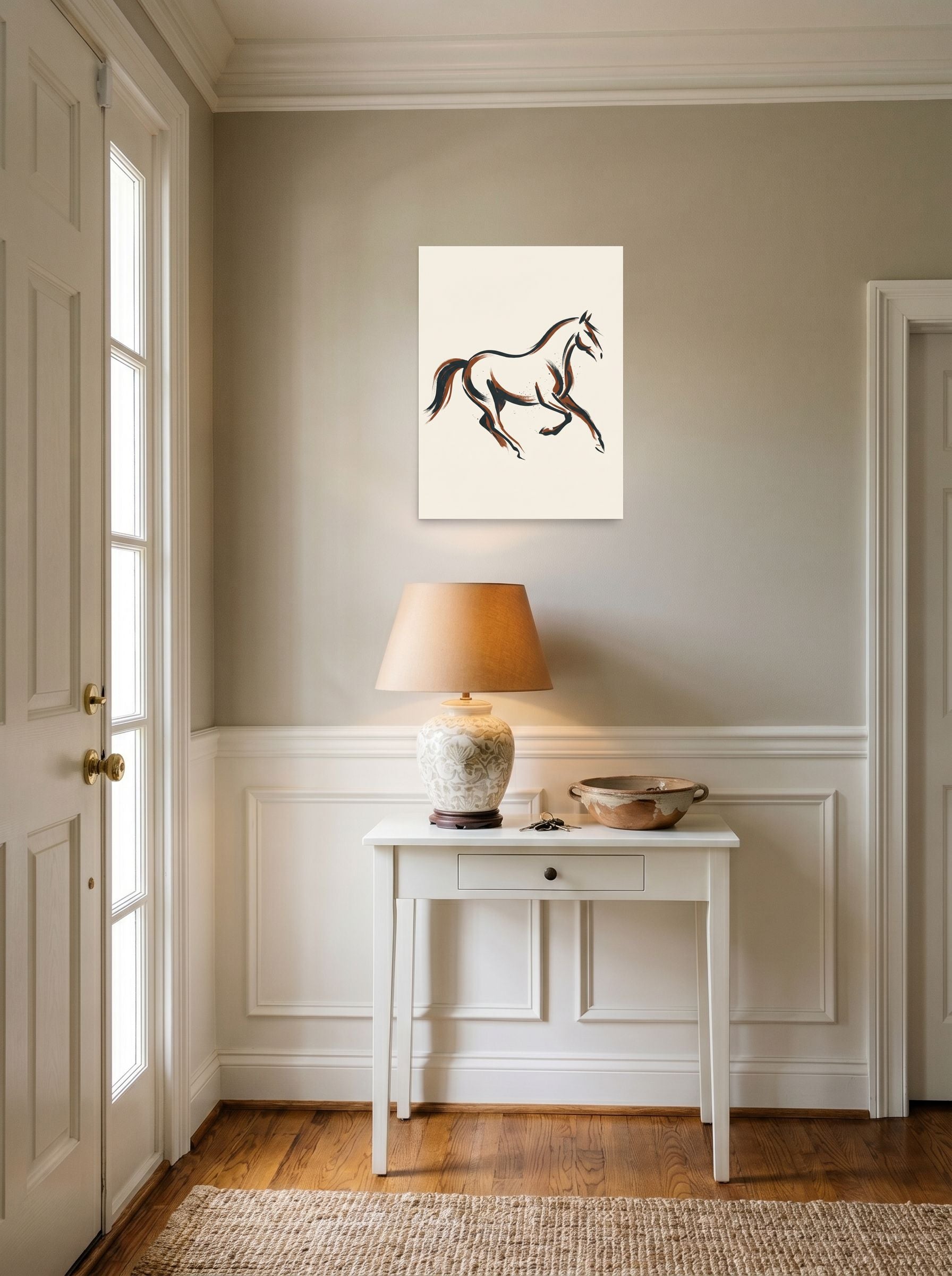 A 18x24 inch unframed paper Minimalism print of 'Fluid Motion' hanging in an entryway near a console.
