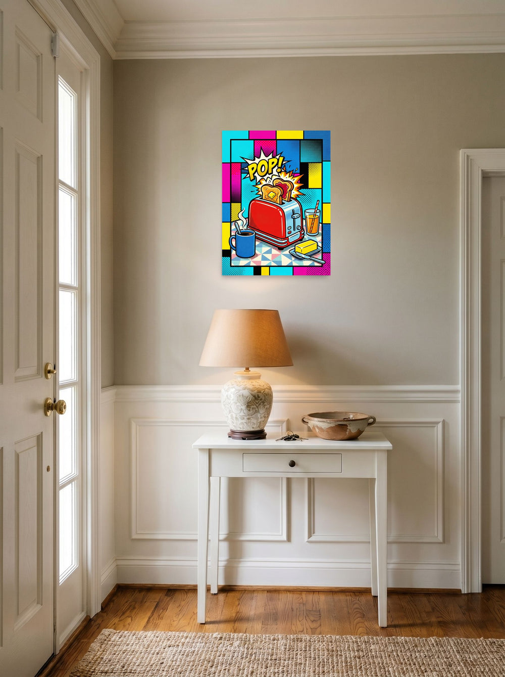 A 18x24 inch unframed paper Pop art print of 'Pop Goes the Toast' hanging in an entryway near a console.