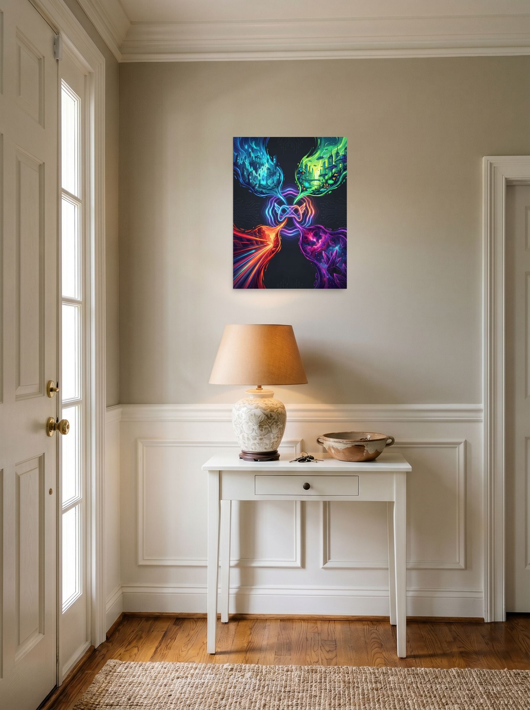 A 18x24 inch unframed paper Digital art,Surrealism print of 'Infinite Realms of Play' hanging in an entryway near a console.