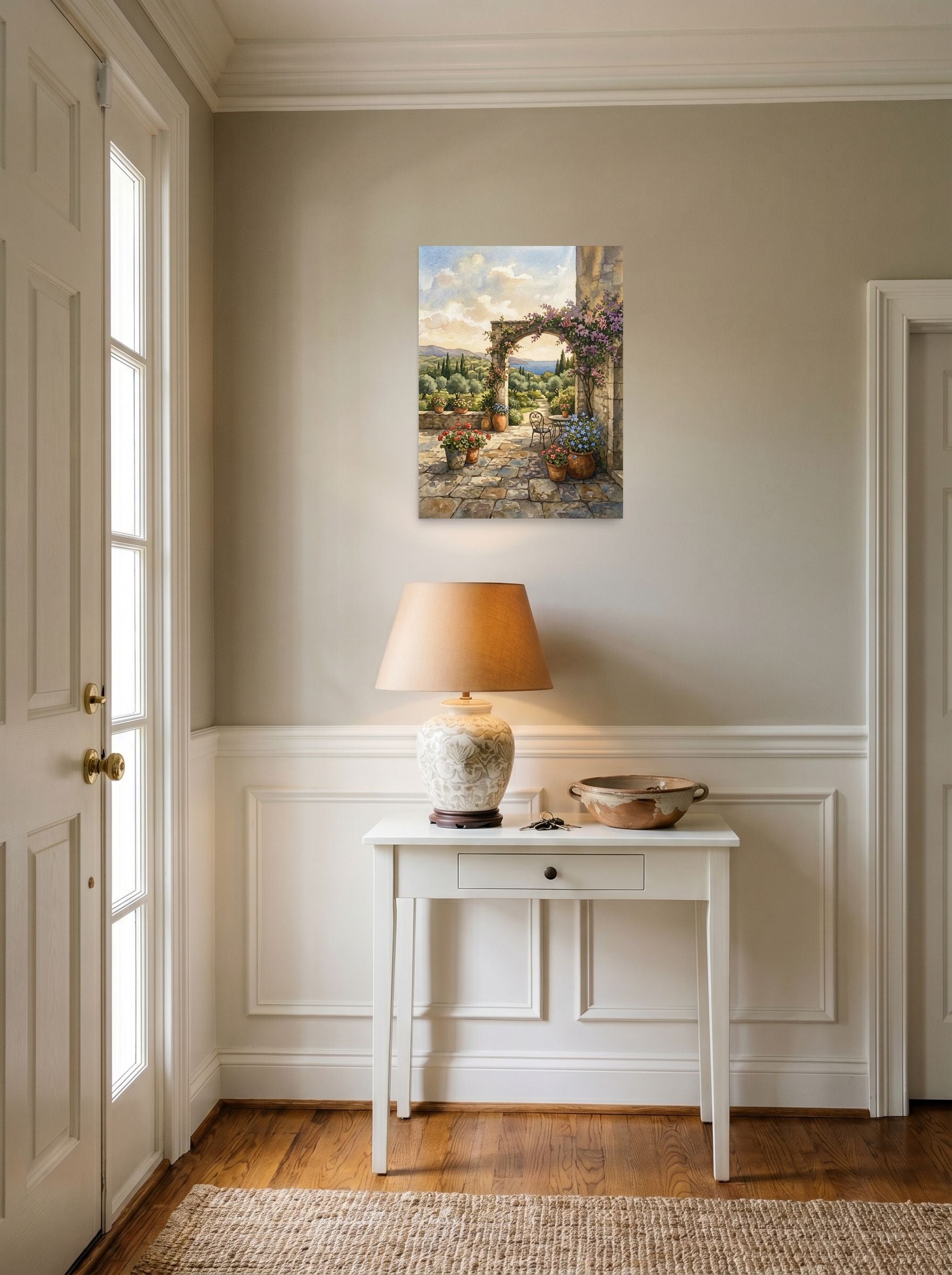 A 18x24 inch unframed paper Realism print of 'Mediterranean Archway' hanging in an entryway near a console.