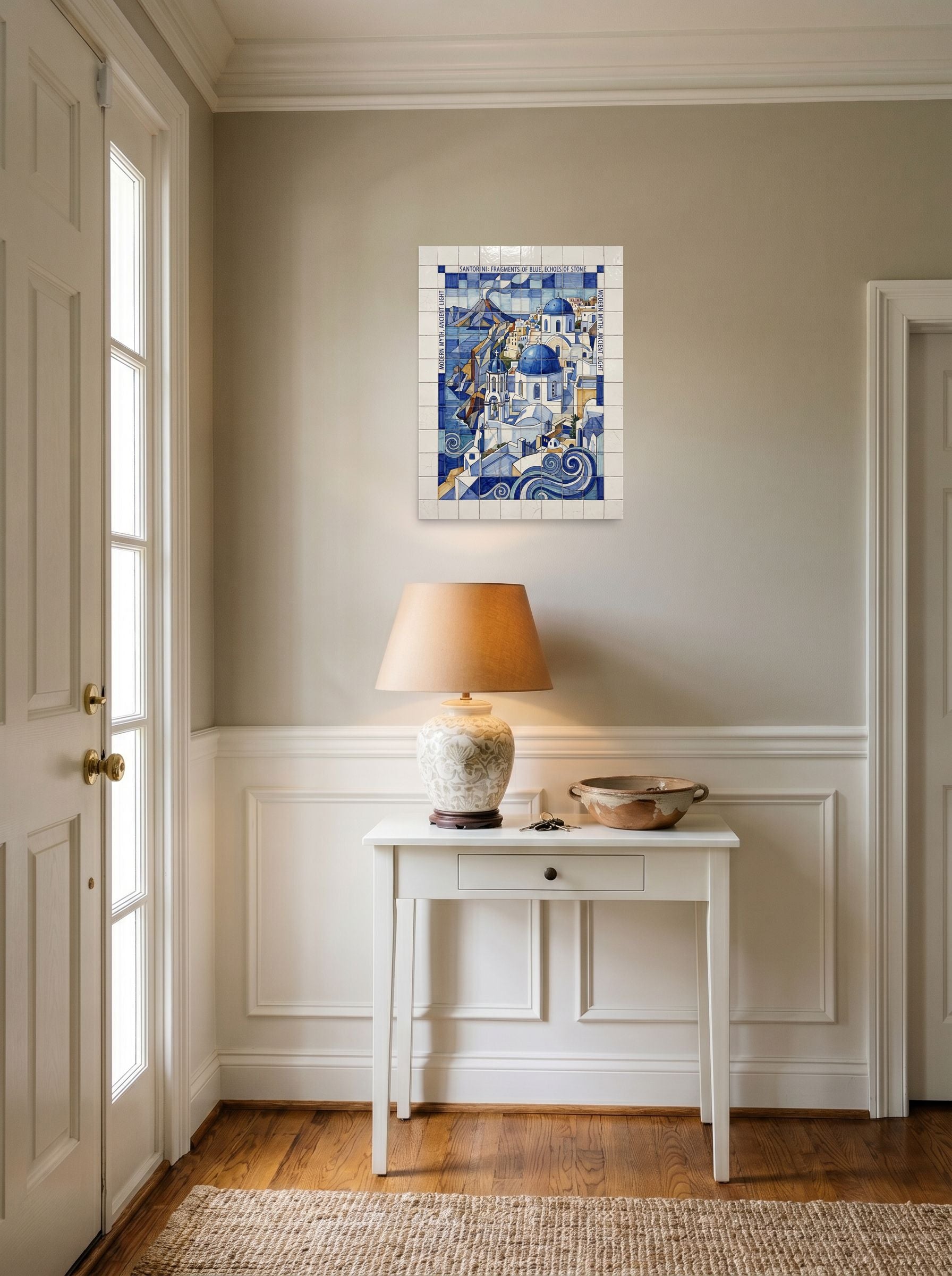 A 18x24 inch unframed paper Cubism print of 'Fragments of Santorini' hanging in an entryway near a console.