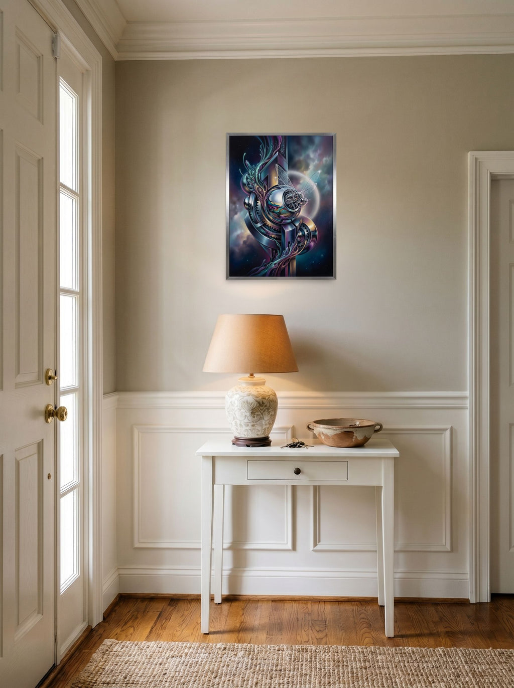 A 18x24 inch unframed paper Surrealism print of 'The Clockwork Aviator' hanging in an entryway near a console.