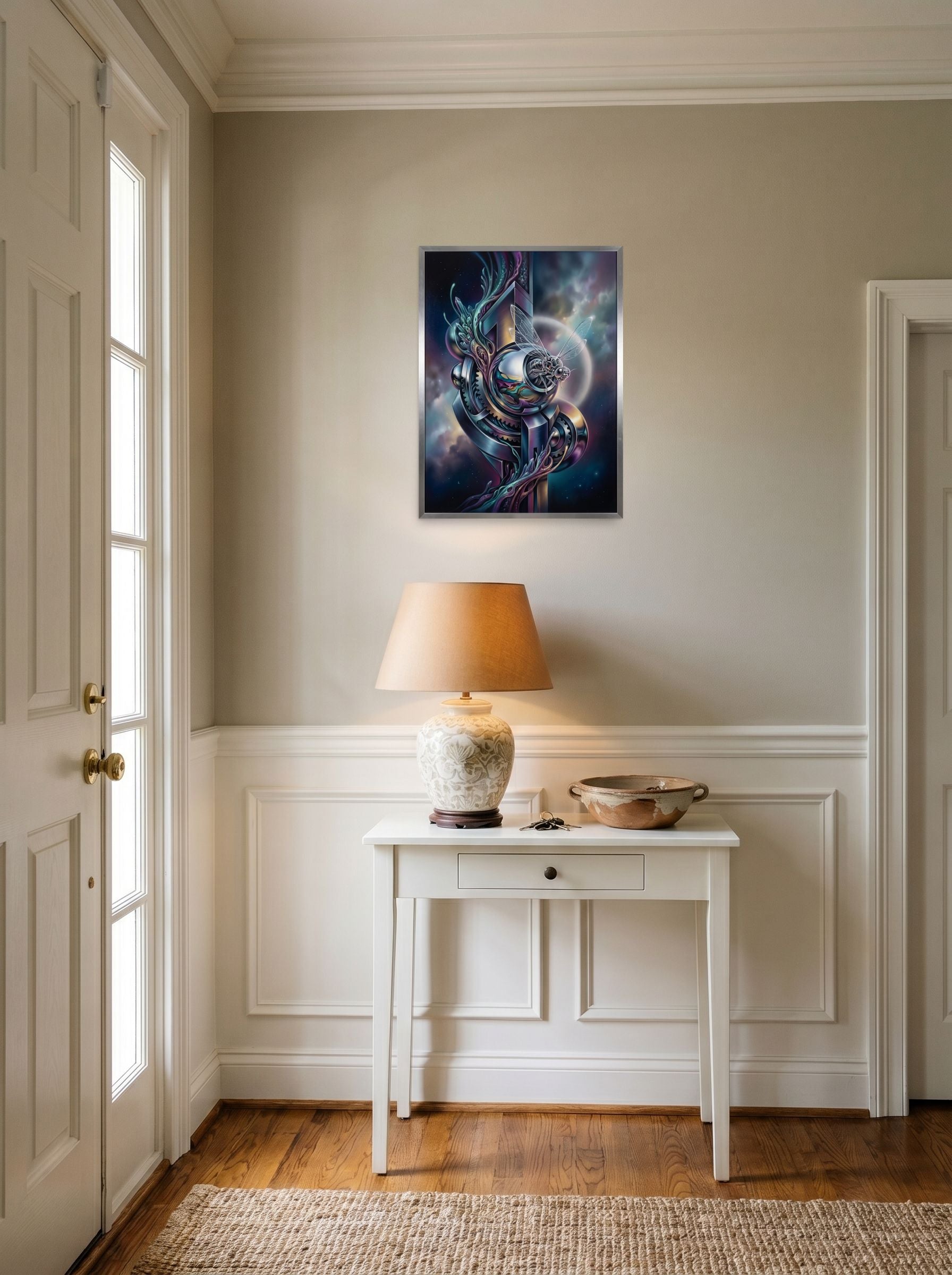 A 18x24 inch unframed paper Surrealism print of 'The Clockwork Aviator' hanging in an entryway near a console.