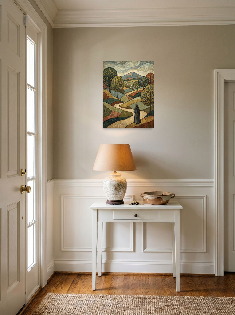 'The Winding Path' as a unframed paper print, 18x24 inch, styled above a console table in an entryway.