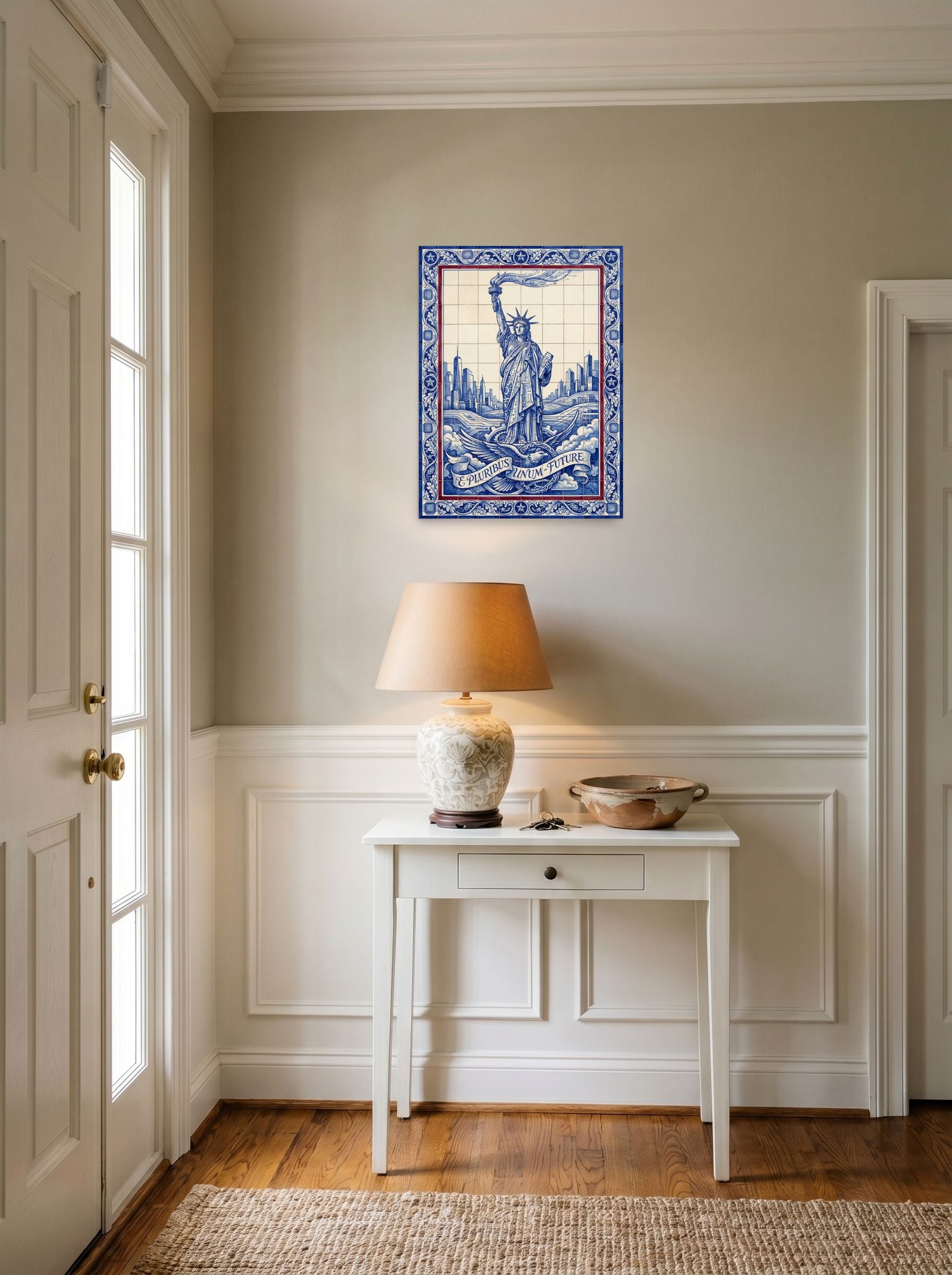 A 18x24 inch unframed paper Retrofuturism print of 'Lady Liberty's Data Stream' hanging in an entryway near a console.