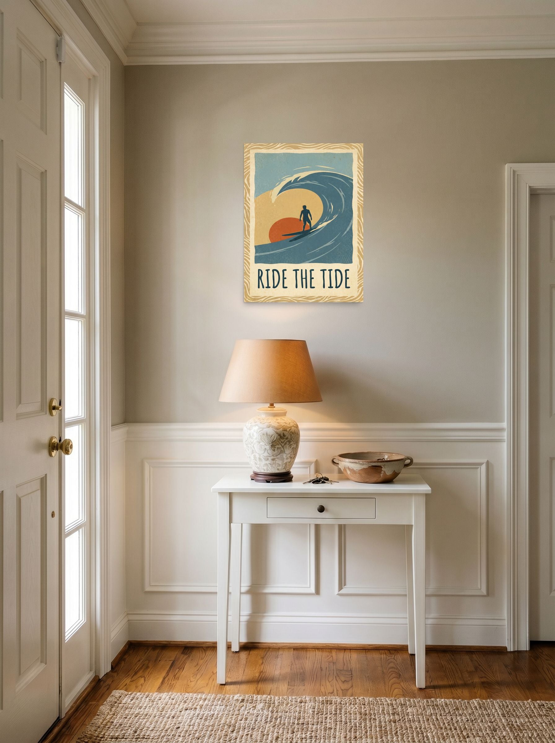 A 18x24 inch unframed paper Pop art,Digital art print of 'Ride the Tide' hanging in an entryway near a console.
