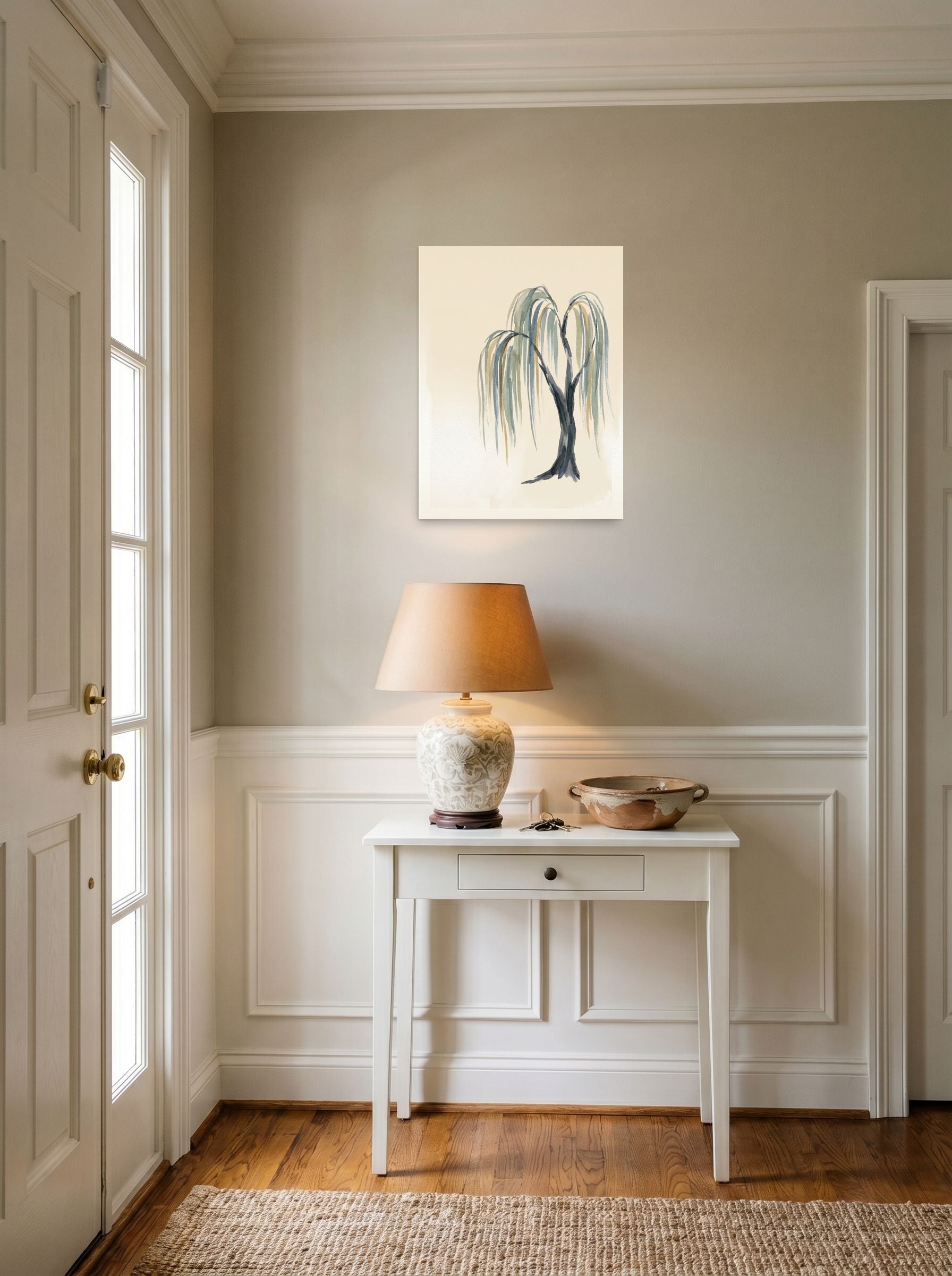 A 18x24 inch unframed paper Minimalism,Japanese art print of 'Weeping Willow Grace' hanging in an entryway near a console.