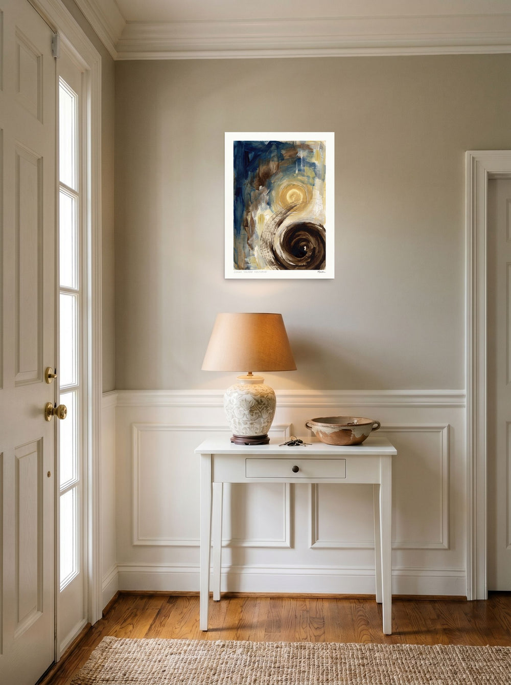 18x24 inch unframed paper print of 'Congo Square Nocturne', hanging in an entryway near a console.