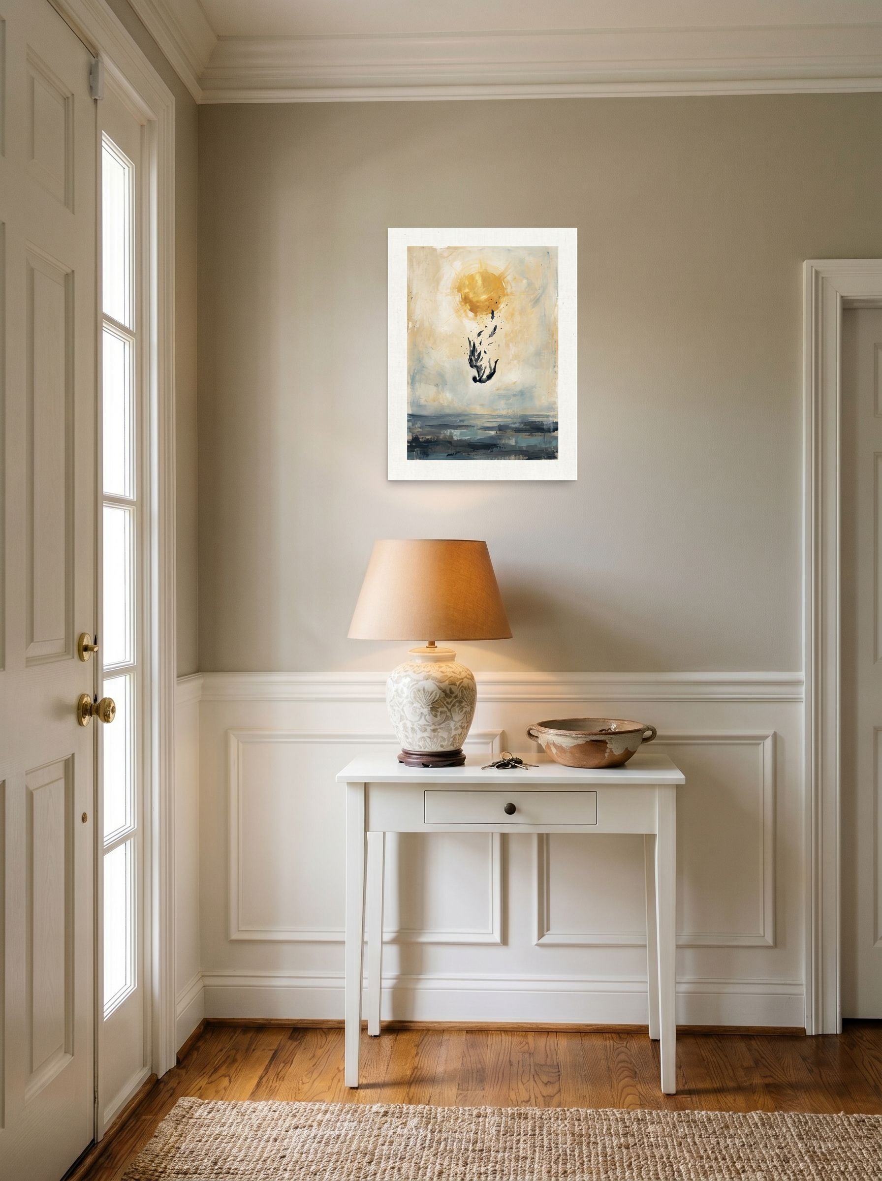 A 18x24 inch unframed paper Expressionism,Symbolism print of 'Icarus Falling' hanging in an entryway near a console.
