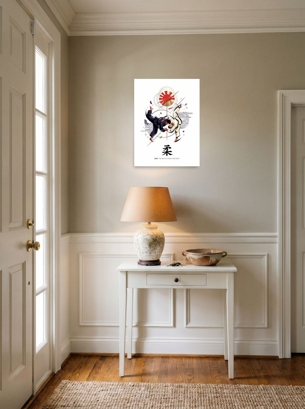 A 18x24 inch unframed paper Shin hanga print of 'Way of Judo' hanging in an entryway near a console.