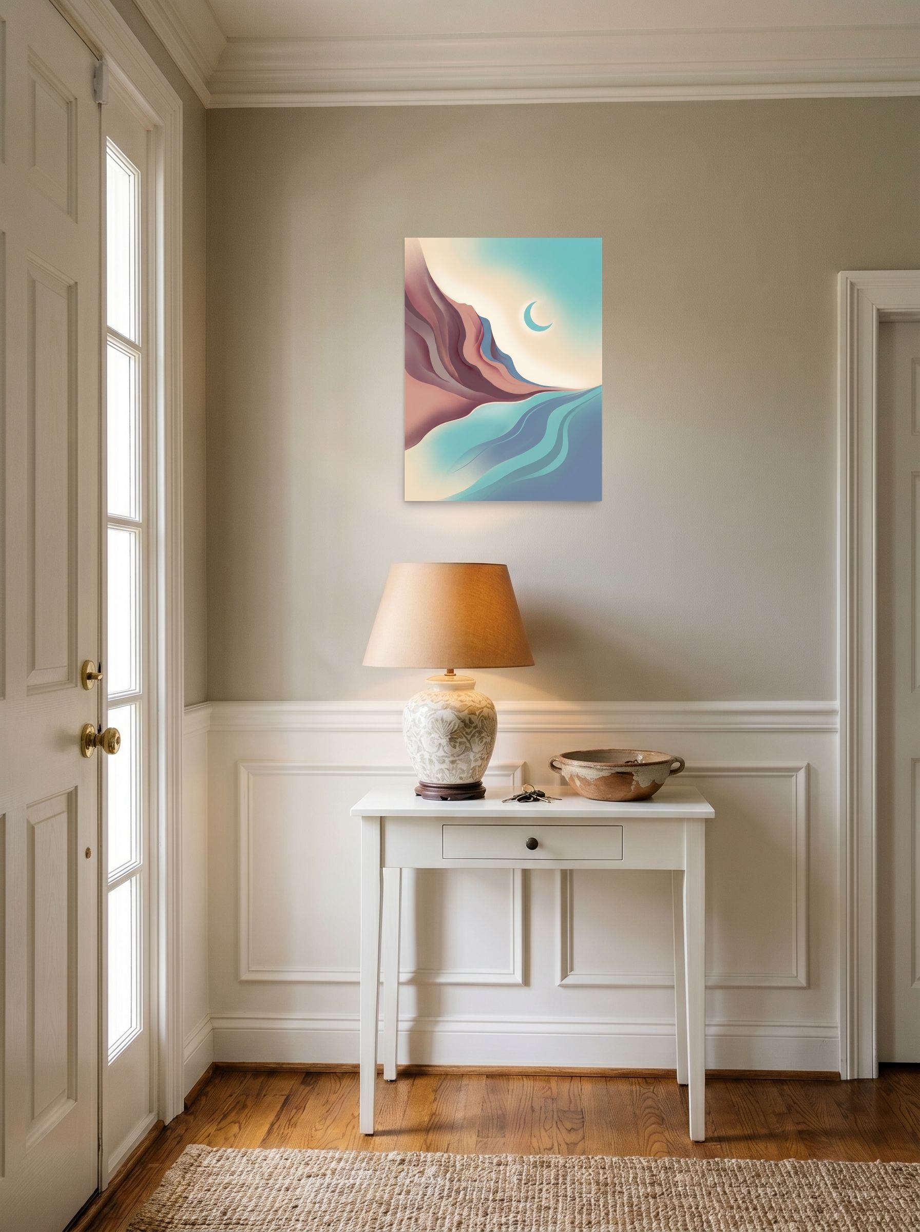 A 18x24 inch unframed paper Minimalism print of 'Canyon Moonrise' hanging in an entryway near a console.