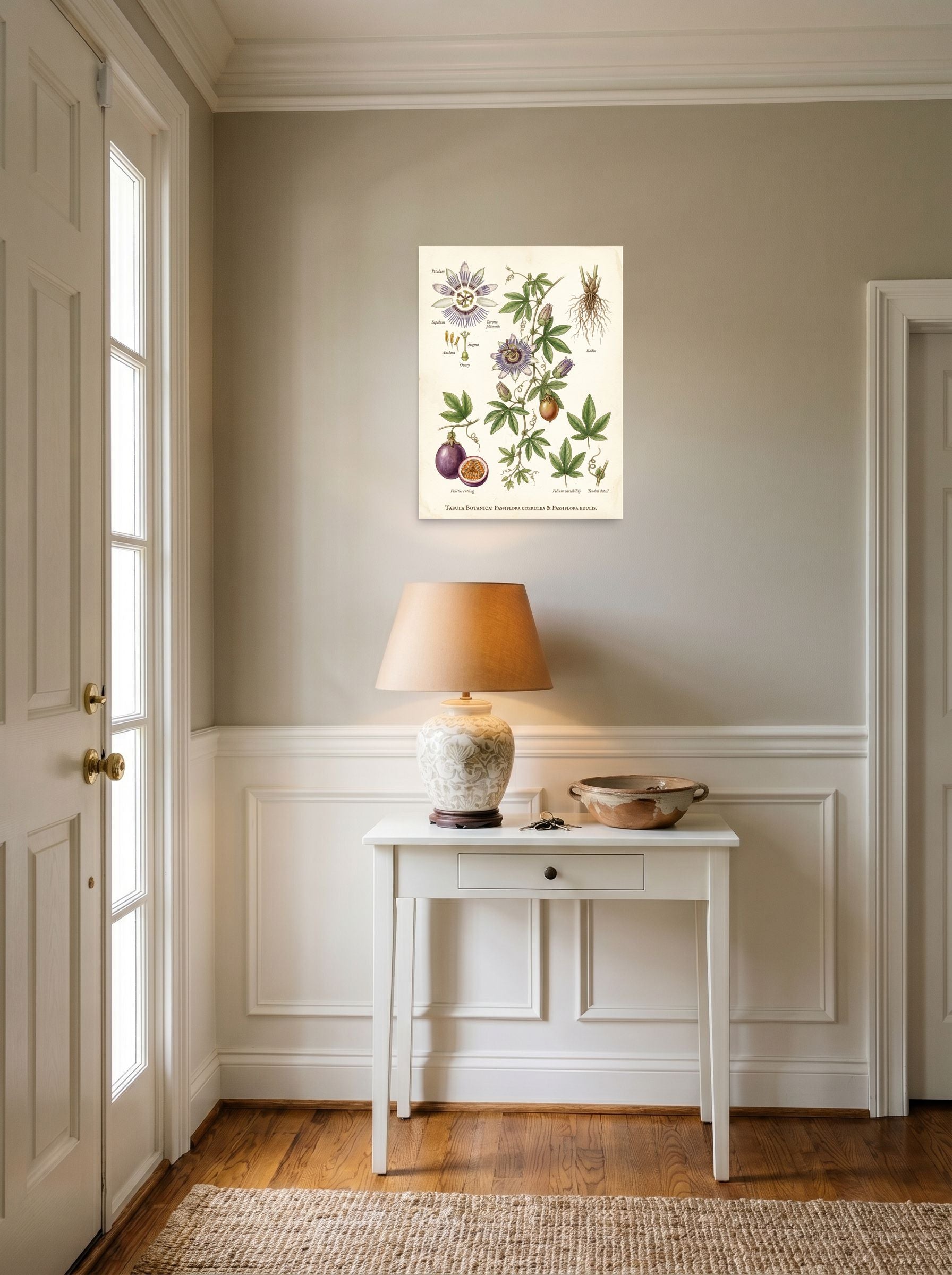A 18x24 inch unframed paper Academic art,Realism print of 'Passiflora Botanical Study' hanging in an entryway near a console.