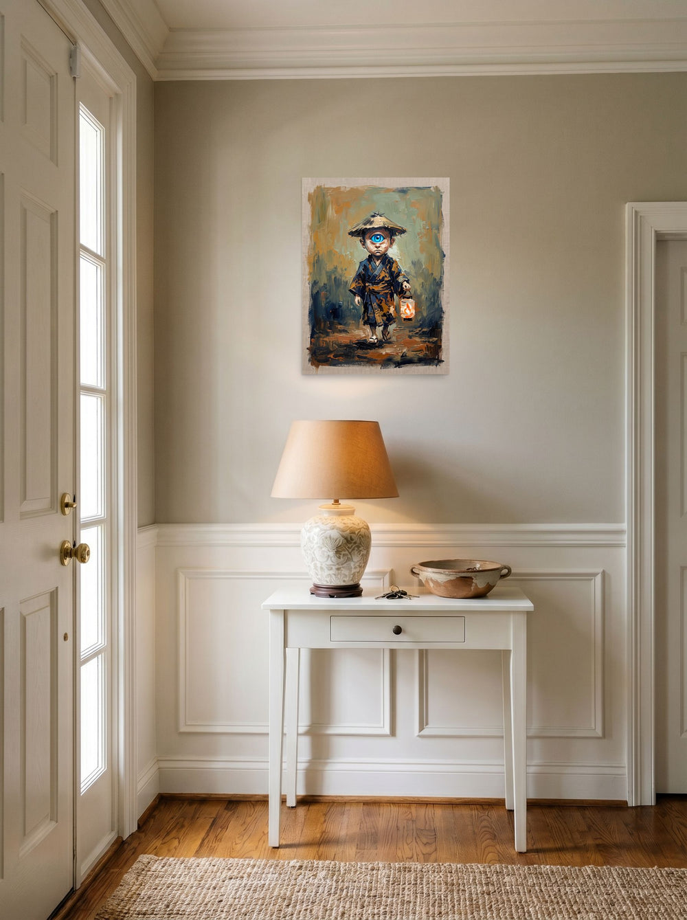 'The Lantern Bearer' set against a bright entryway wall, printed as unframed paper at 18x24 inch.