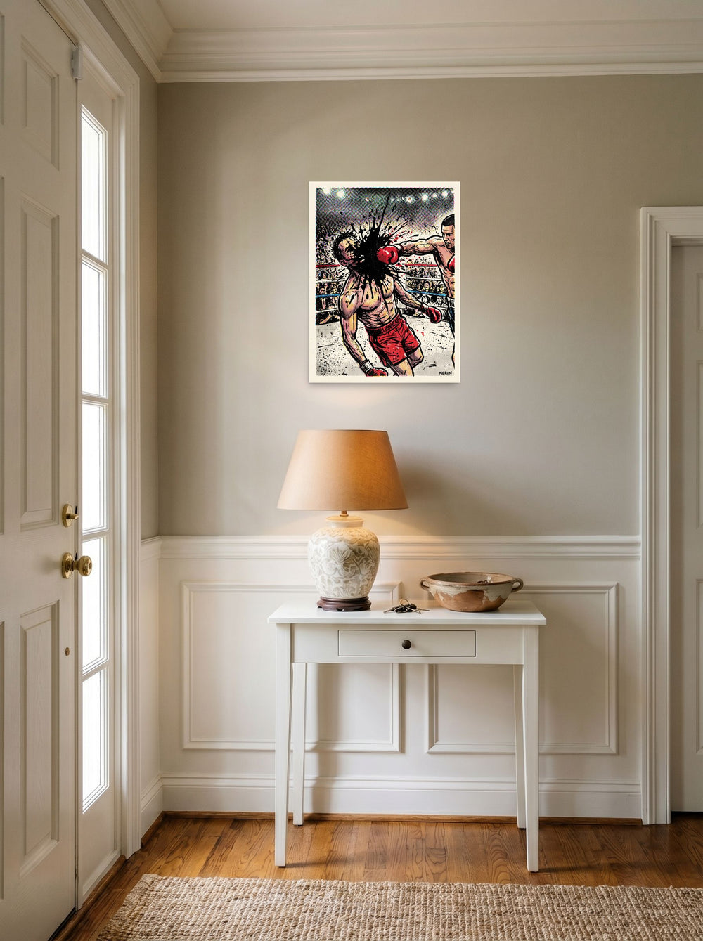 Mockup of 'Halftone Knockout: Lionheart' as a 18x24 inch unframed paper print, hanging in an entryway near a console.