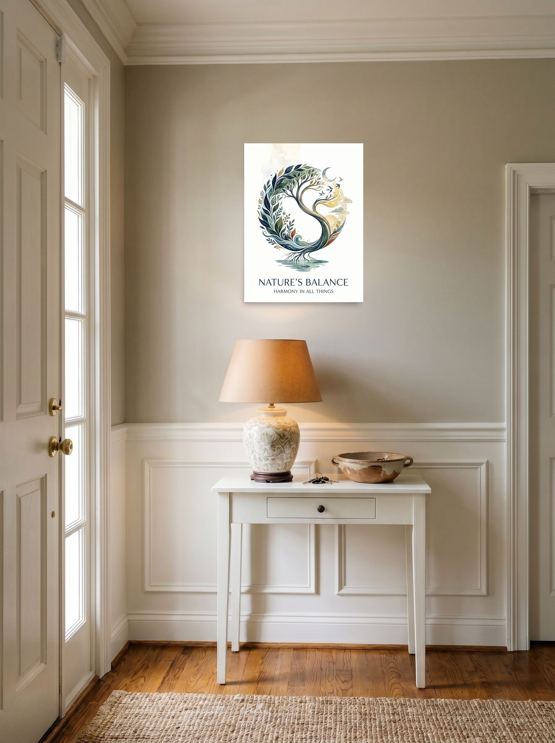 A 18x24 inch unframed paper Modernism print of 'Nature's Balance' hanging in an entryway near a console.