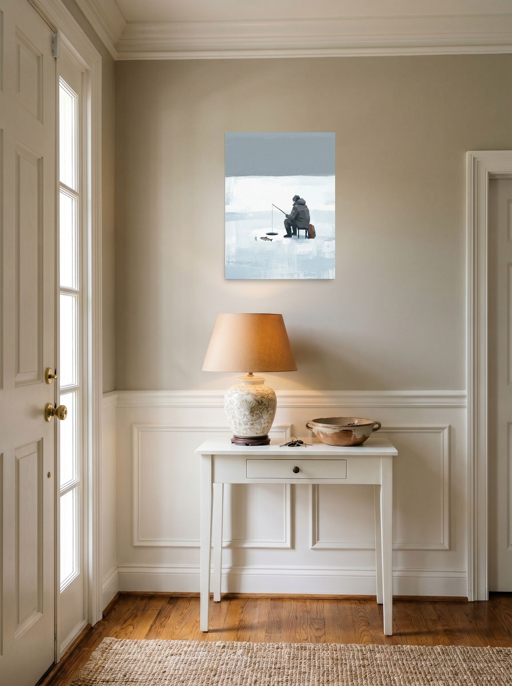 A 18x24 inch unframed paper Minimalism print of 'Winter Solitude' hanging in an entryway near a console.