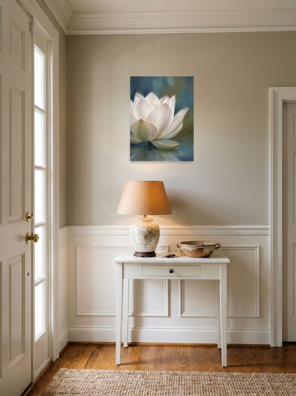 A 18x24 inch unframed paper Realism print of 'Serene Lotus Reflection' hanging in an entryway near a console.