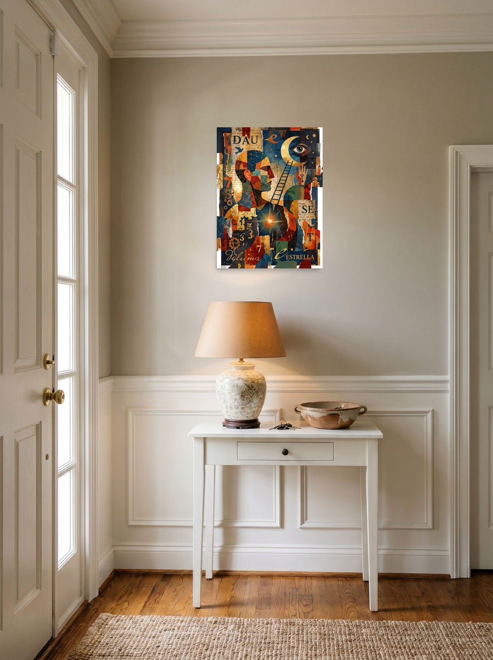 Dau-al-Set wall art 'Ladder to the Stars', unframed paper at 18x24 inch, set against a bright entryway wall.