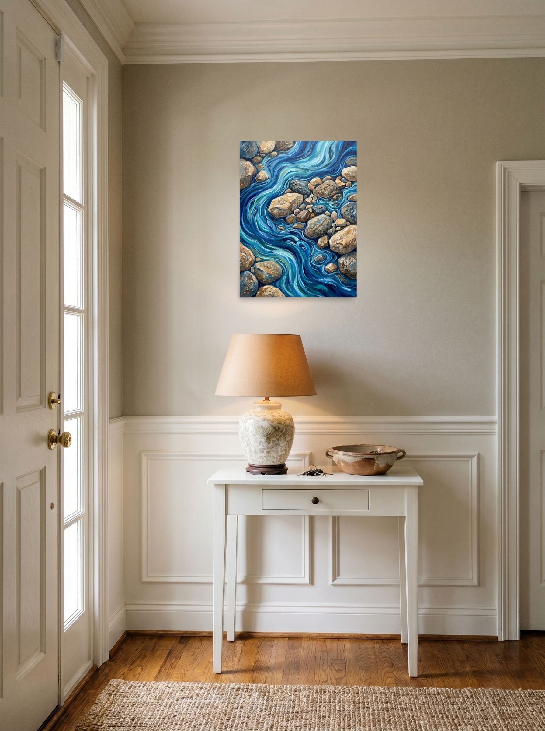 A 18x24 inch unframed paper Abstract expressionism print of 'Riverbed Rhythms' hanging in an entryway near a console.