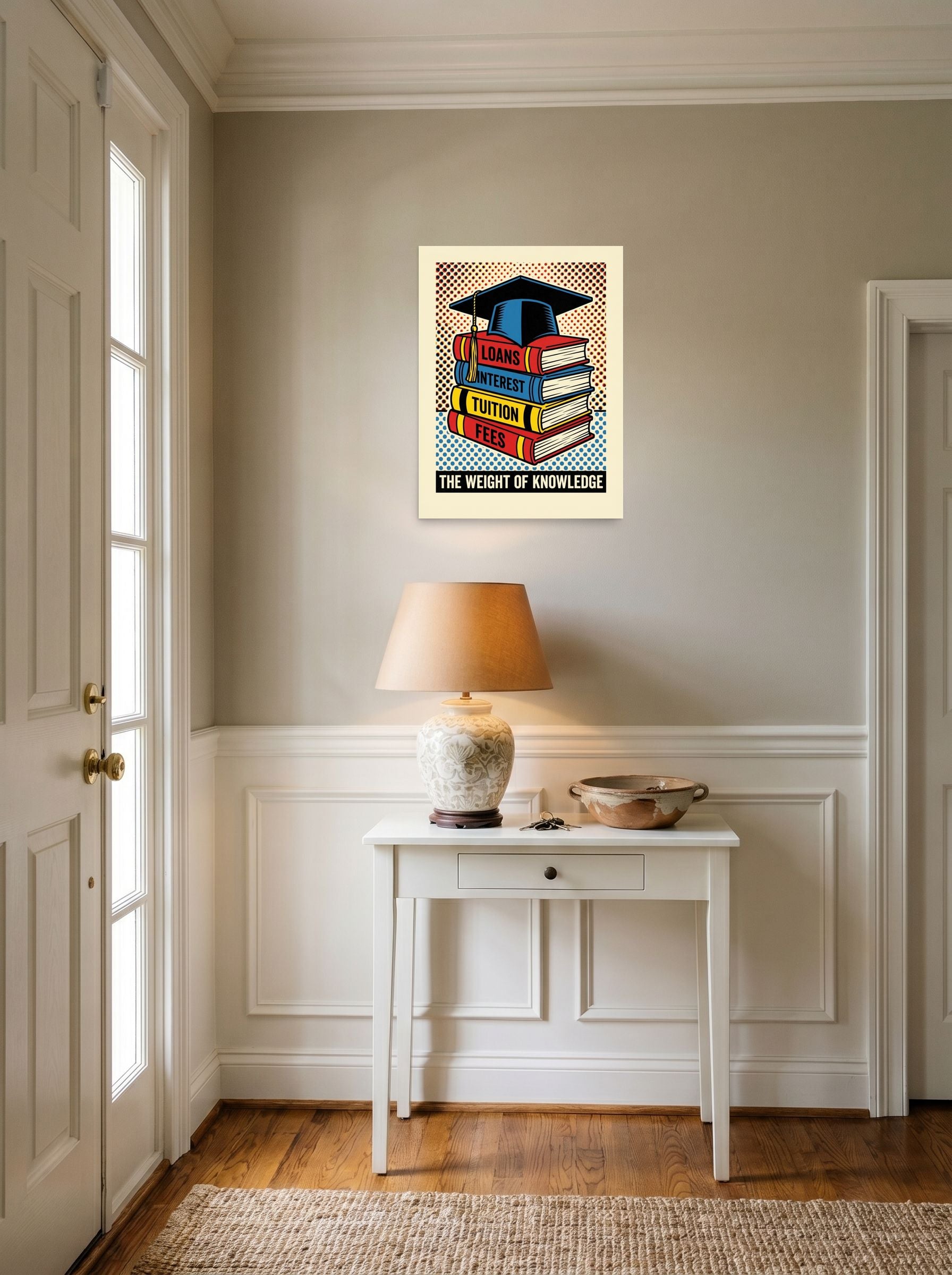 A 18x24 inch unframed paper Pop art print of 'The Weight of Knowledge' hanging in an entryway near a console.