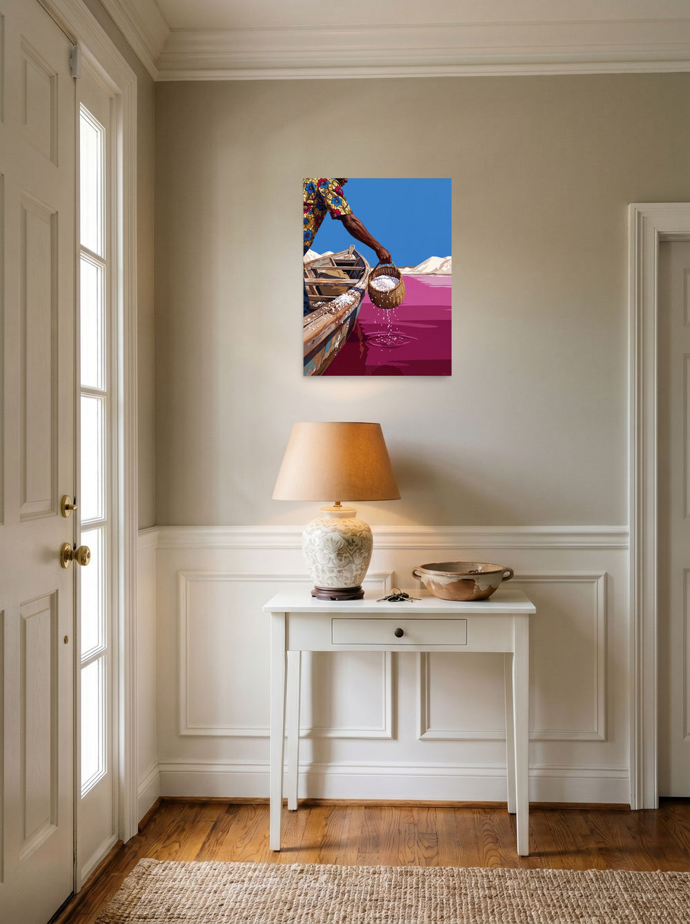 The unframed paper print 'Pink Lake Harvest' styled above a console table in an entryway, shown at 18x24 inch.
