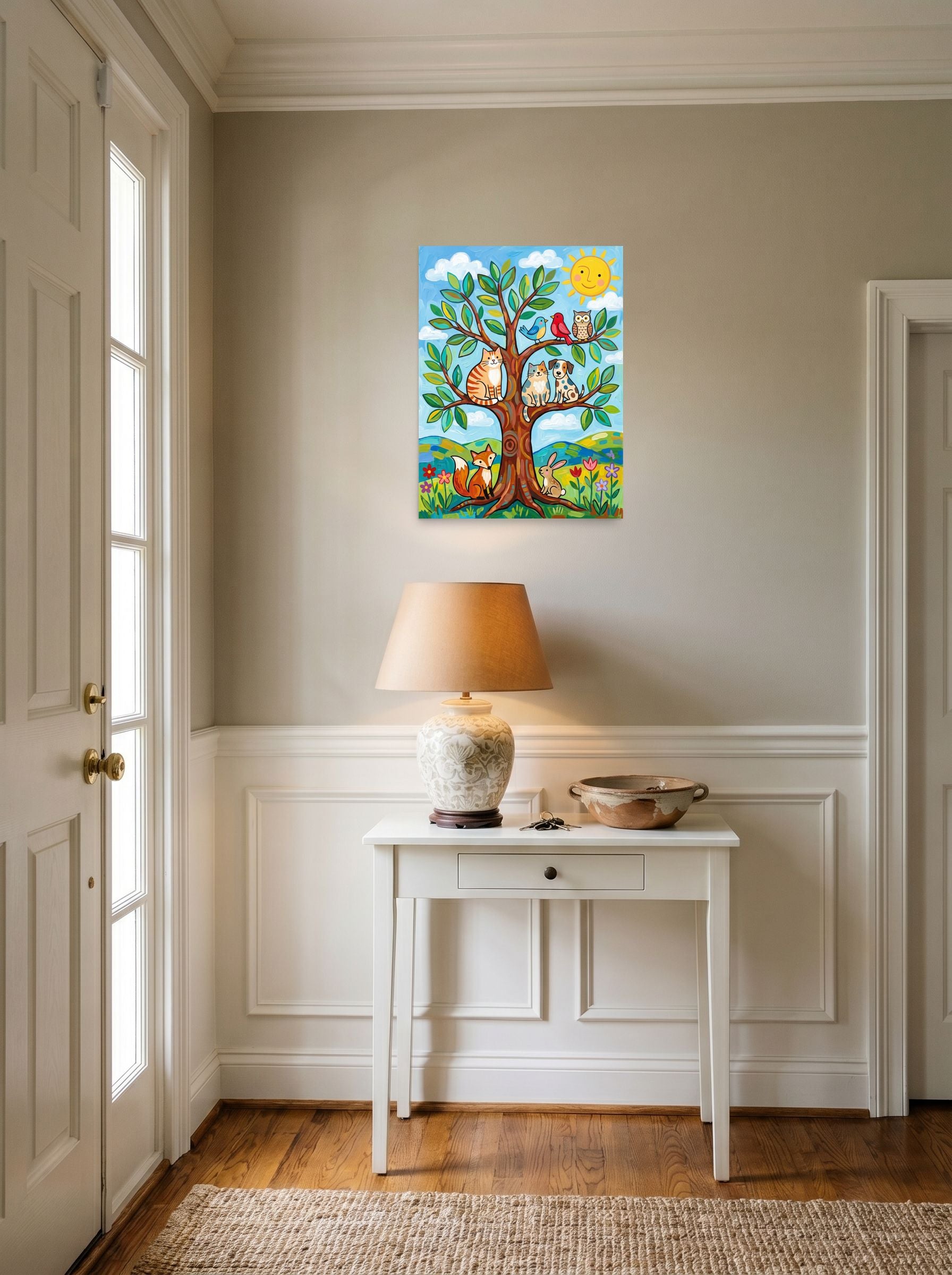 A 18x24 inch unframed paper Naive art print of 'Friends In The Sunlit Tree' hanging in an entryway near a console.