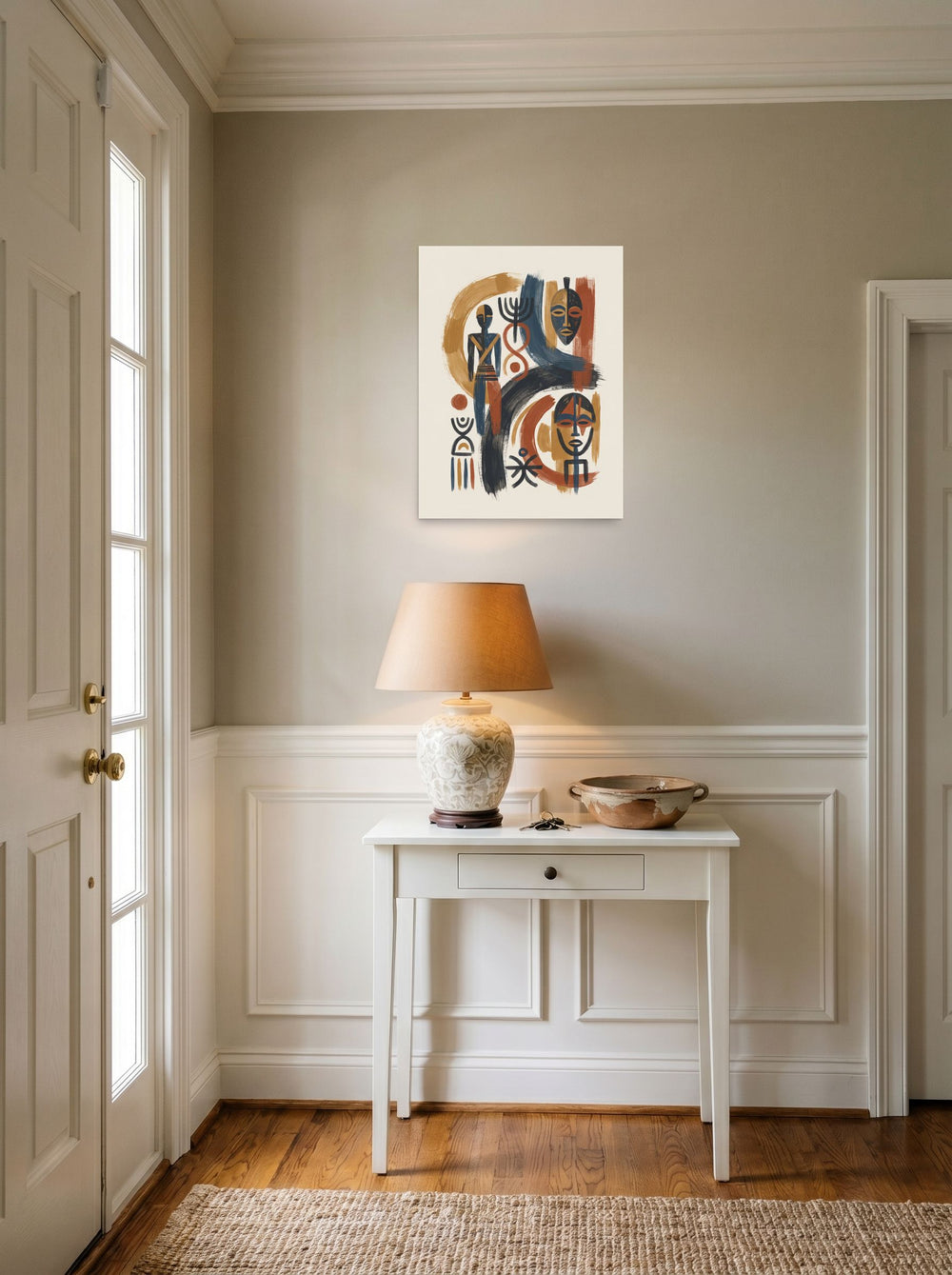 A 18x24 inch unframed paper Abstract art,Modernism print of 'Ancestral Rhythms' hanging in an entryway near a console.