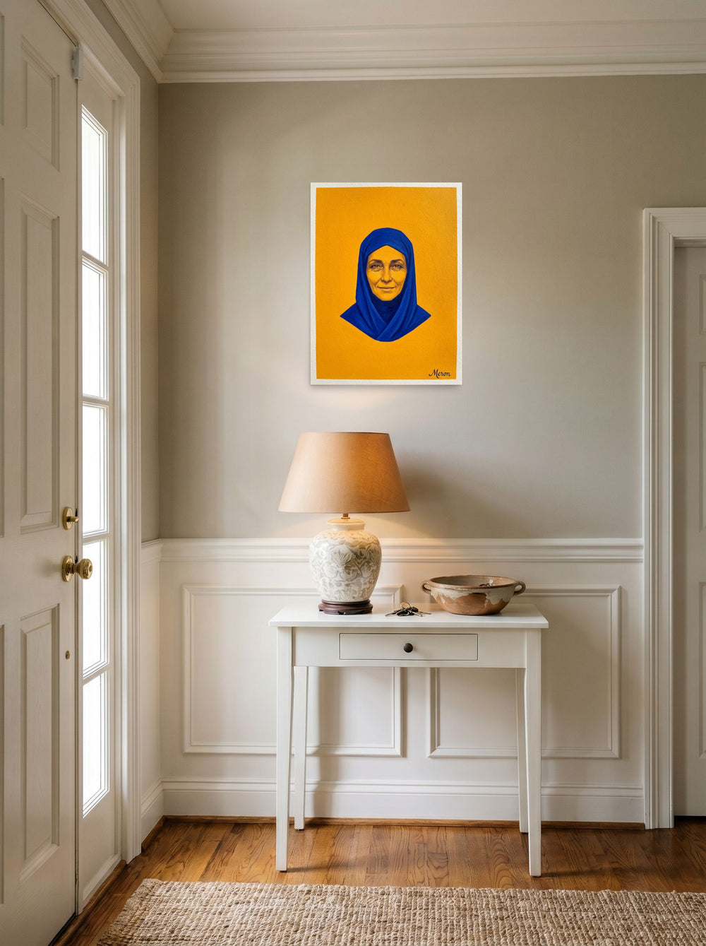 A 18x24 inch unframed paper Pop art print of 'Azure Serenity' hanging in an entryway near a console.