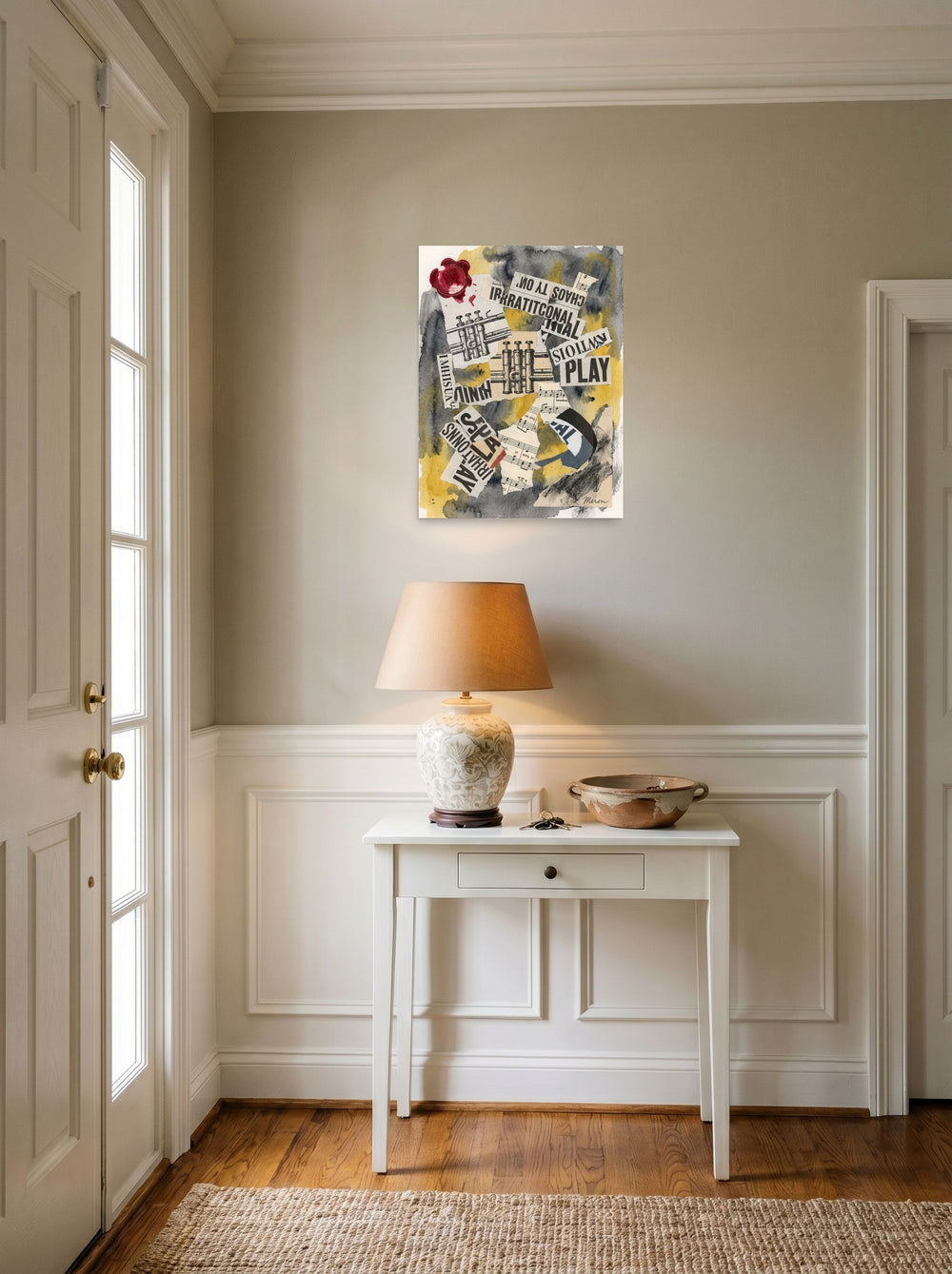 'Irrational Cadence' set against a bright entryway wall, printed as unframed paper at 18x24 inch.