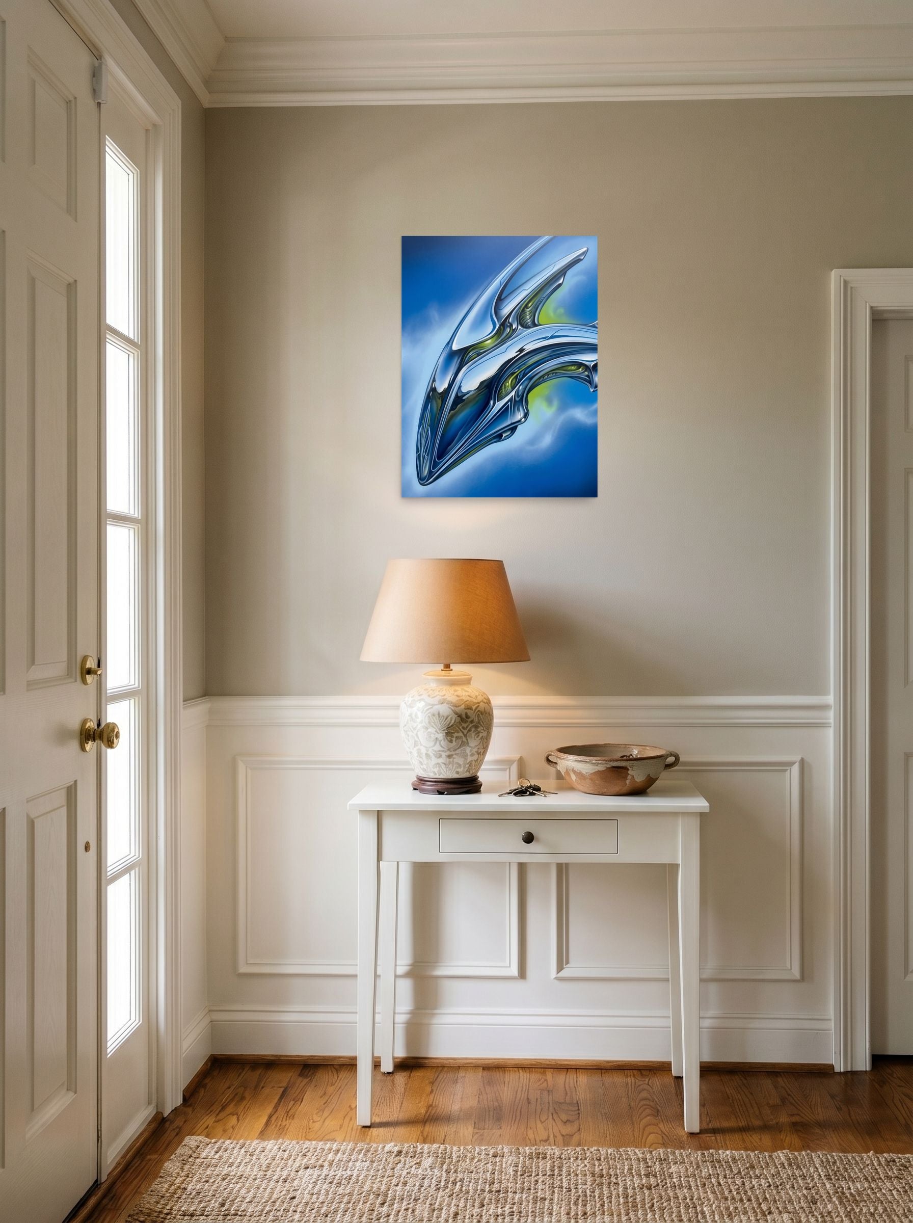 A 18x24 inch unframed paper Retrofuturism print of 'Chrome Horizon' hanging in an entryway near a console.