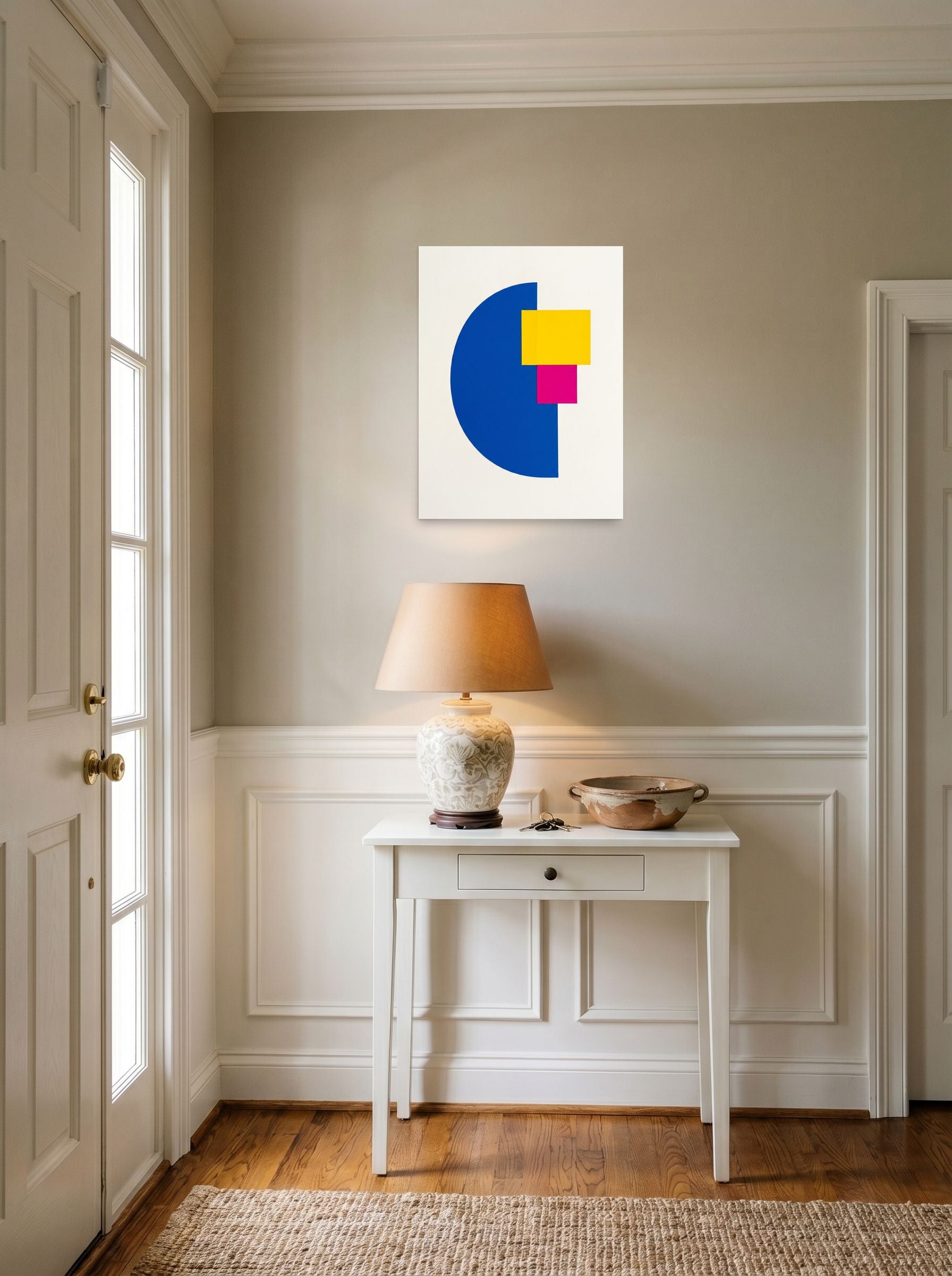 A 18x24 inch unframed paper Geometric abstract art print of 'Primary Intersection' hanging in an entryway near a console.