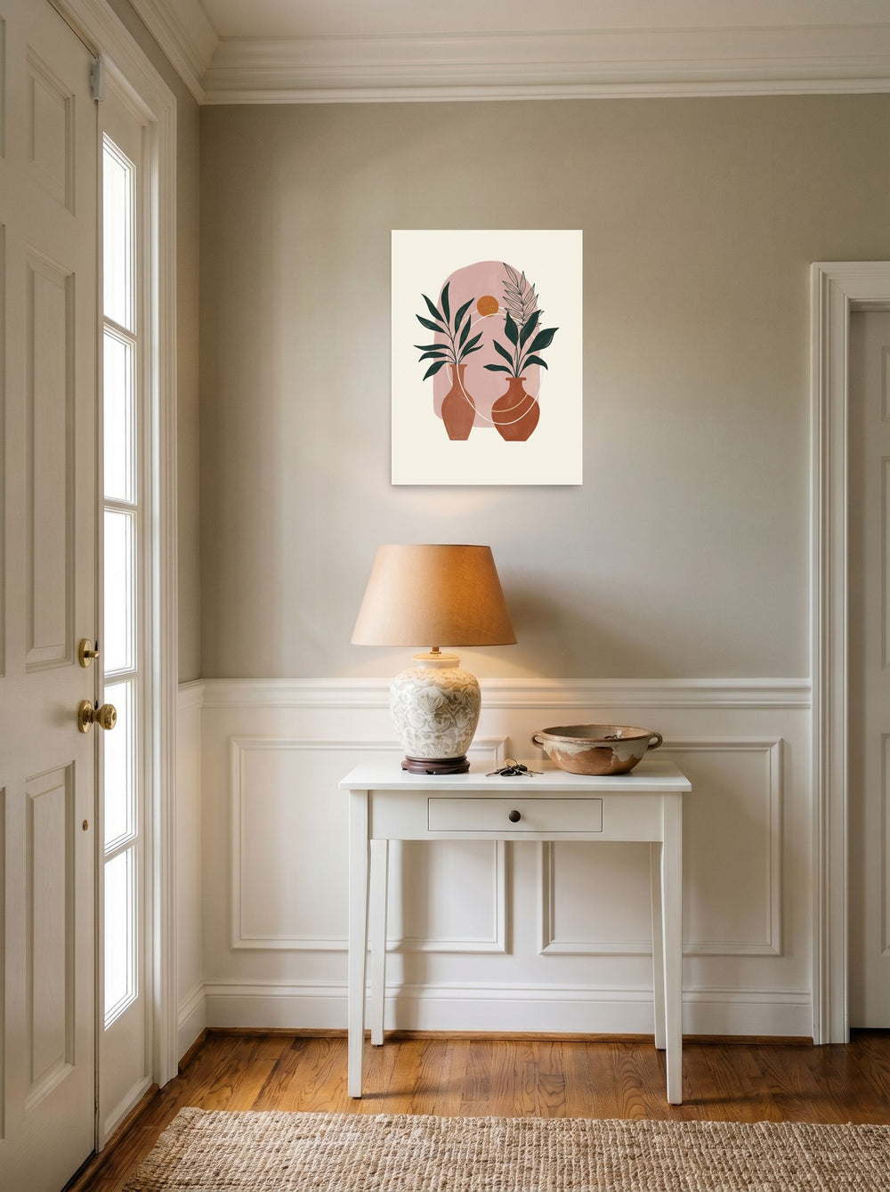 A 18x24 inch unframed paper Minimalism print of 'Desert Oasis Botanicals' hanging in an entryway near a console.