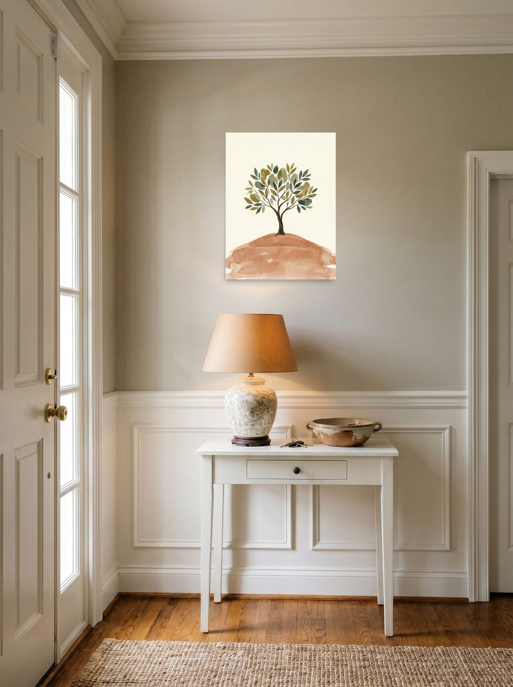 A 18x24 inch unframed paper Minimalism print of 'Solitary Olive Tree' hanging in an entryway near a console.