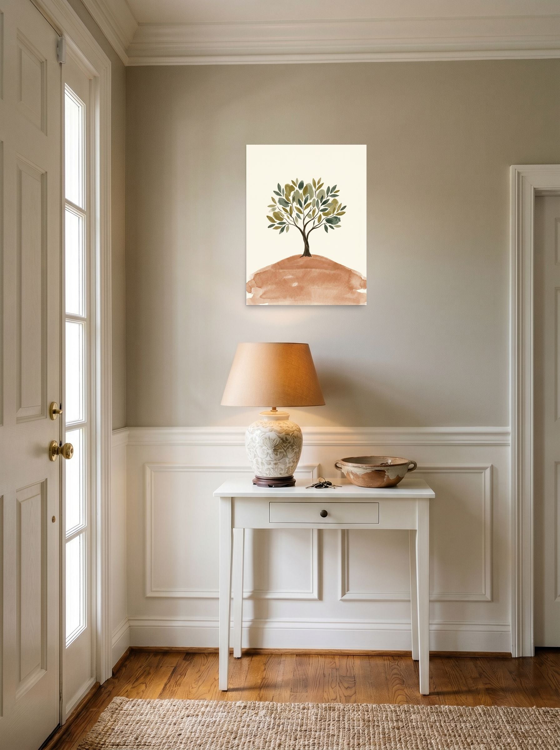 A 18x24 inch unframed paper Minimalism print of 'Solitary Olive Tree' hanging in an entryway near a console.