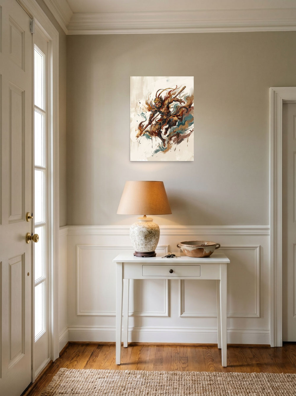 A 18x24 inch unframed paper version of 'Sun Wukong Unleashed', Expressionism wall art, set against a bright entryway wall.