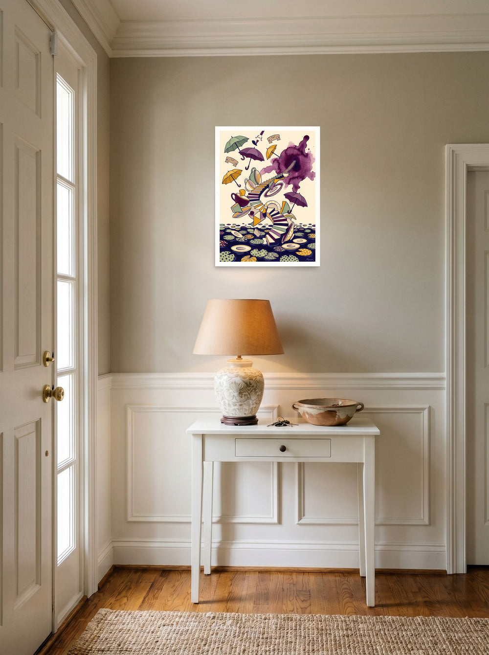 unframed paper wall art 'Tea Time Portal' styled above a console table in an entryway, at 18x24 inch.