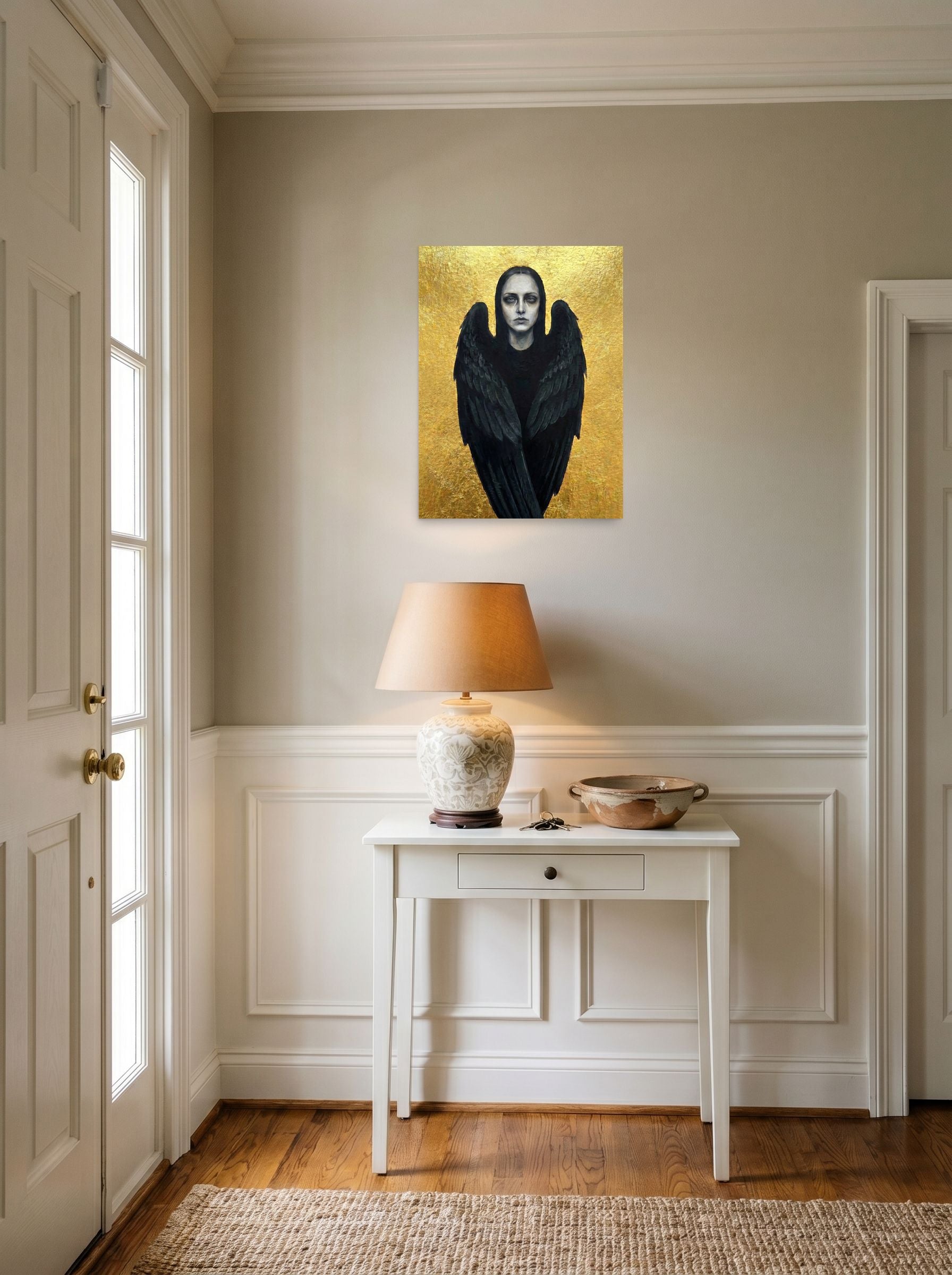 A 18x24 inch unframed paper Figurative art,Symbolism print of 'The Dark Seraph' hanging in an entryway near a console.