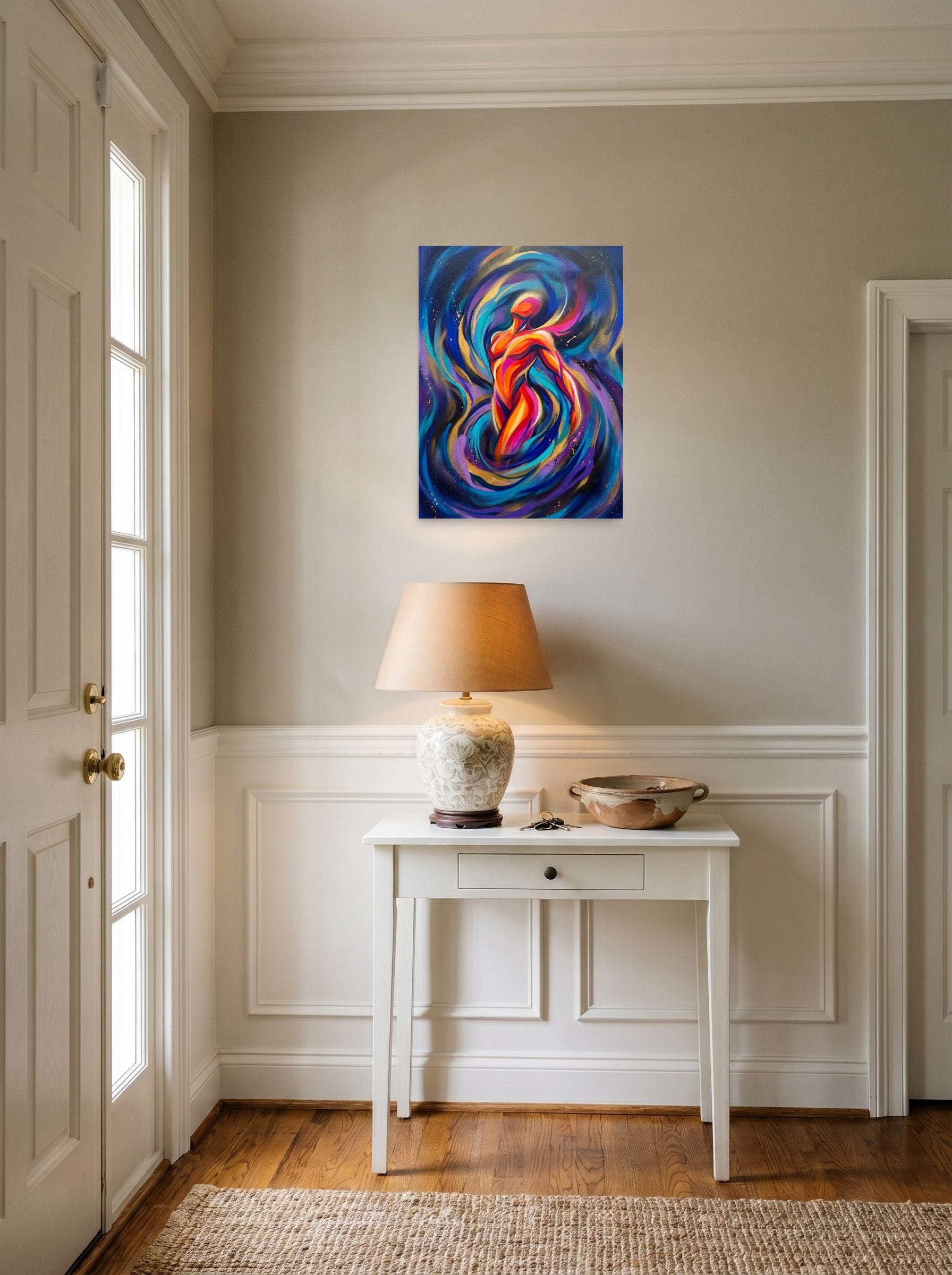 A 18x24 inch unframed paper Psychedelic art print of 'Cosmic Pulse' hanging in an entryway near a console.