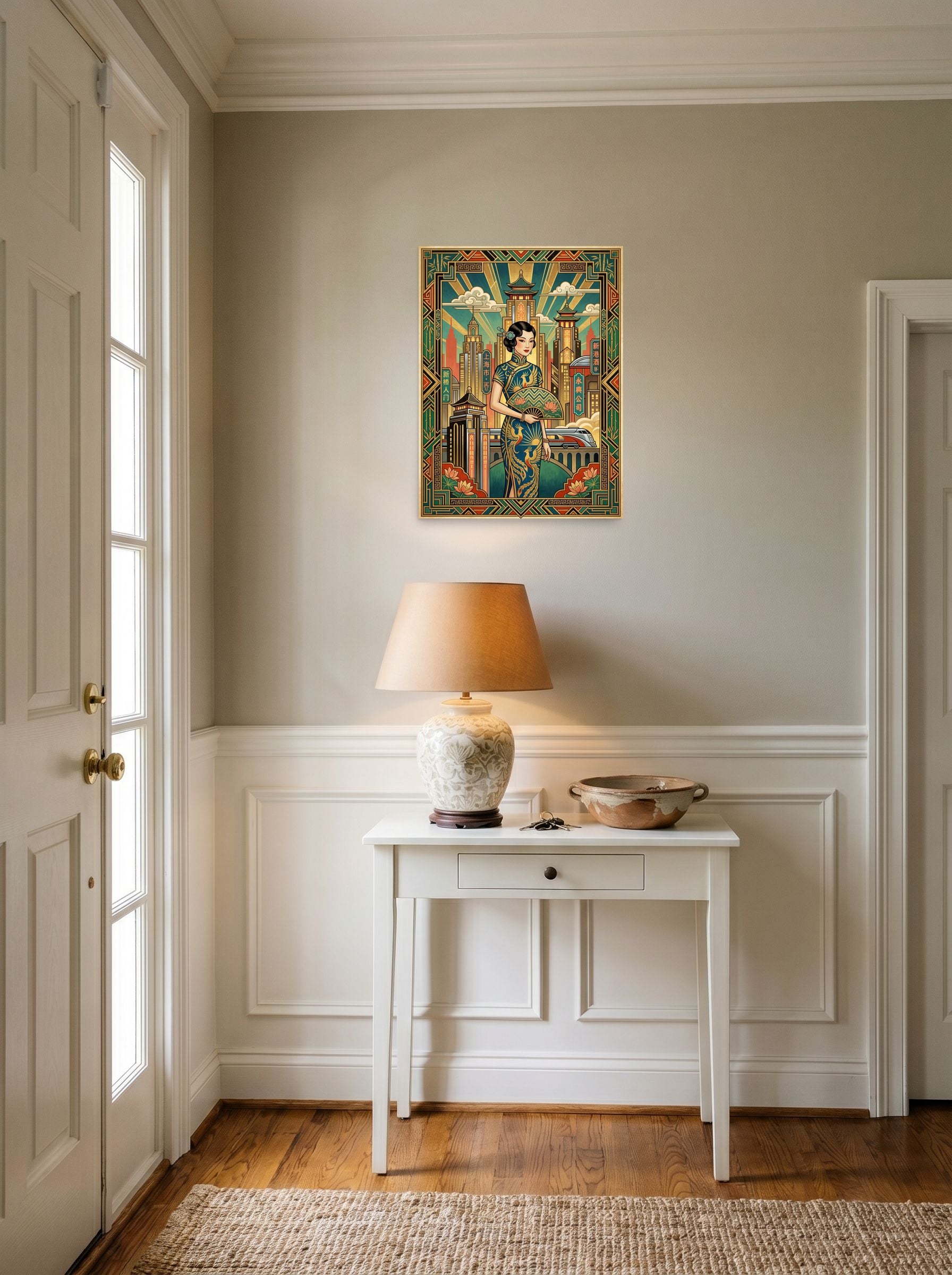 A 18x24 inch unframed paper Art Deco print of 'Shanghai Moderne' hanging in an entryway near a console.
