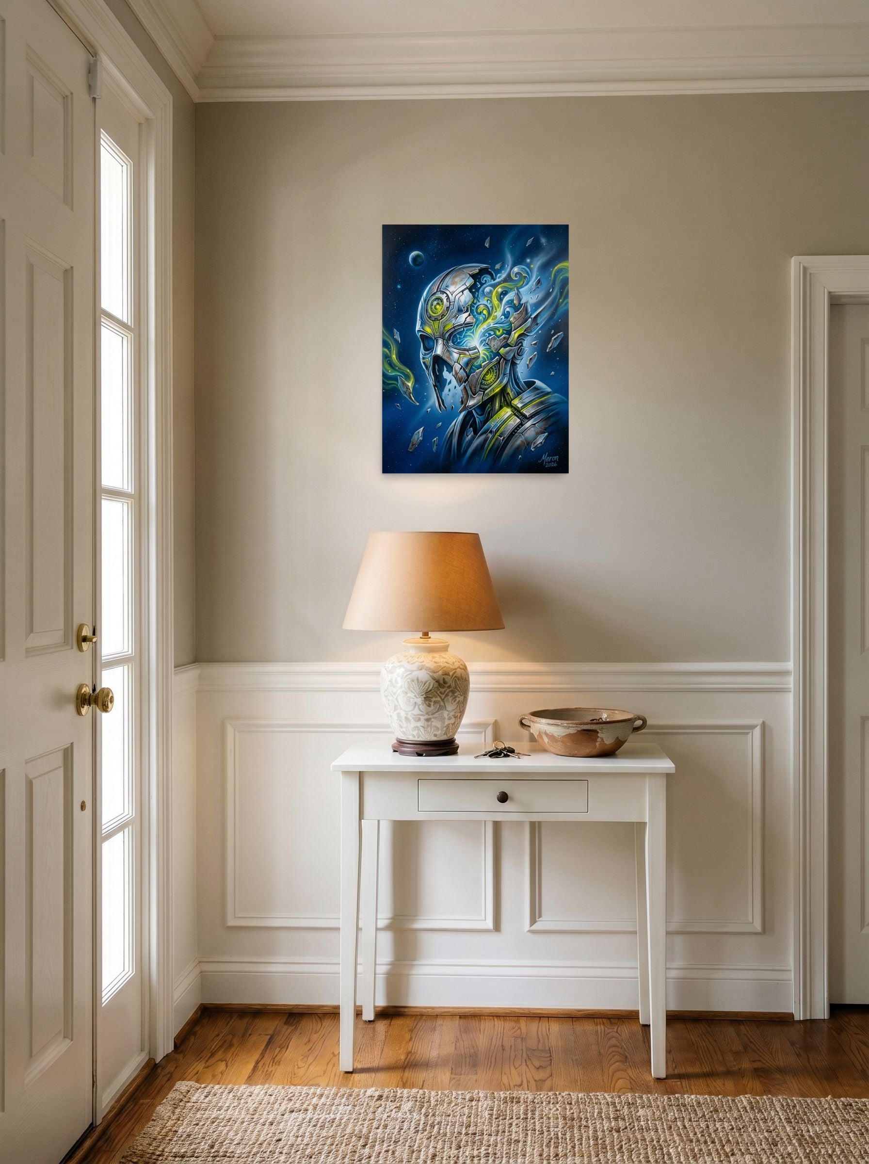 A 18x24 inch unframed paper Surrealism print of 'Shattered Automaton' hanging in an entryway near a console.