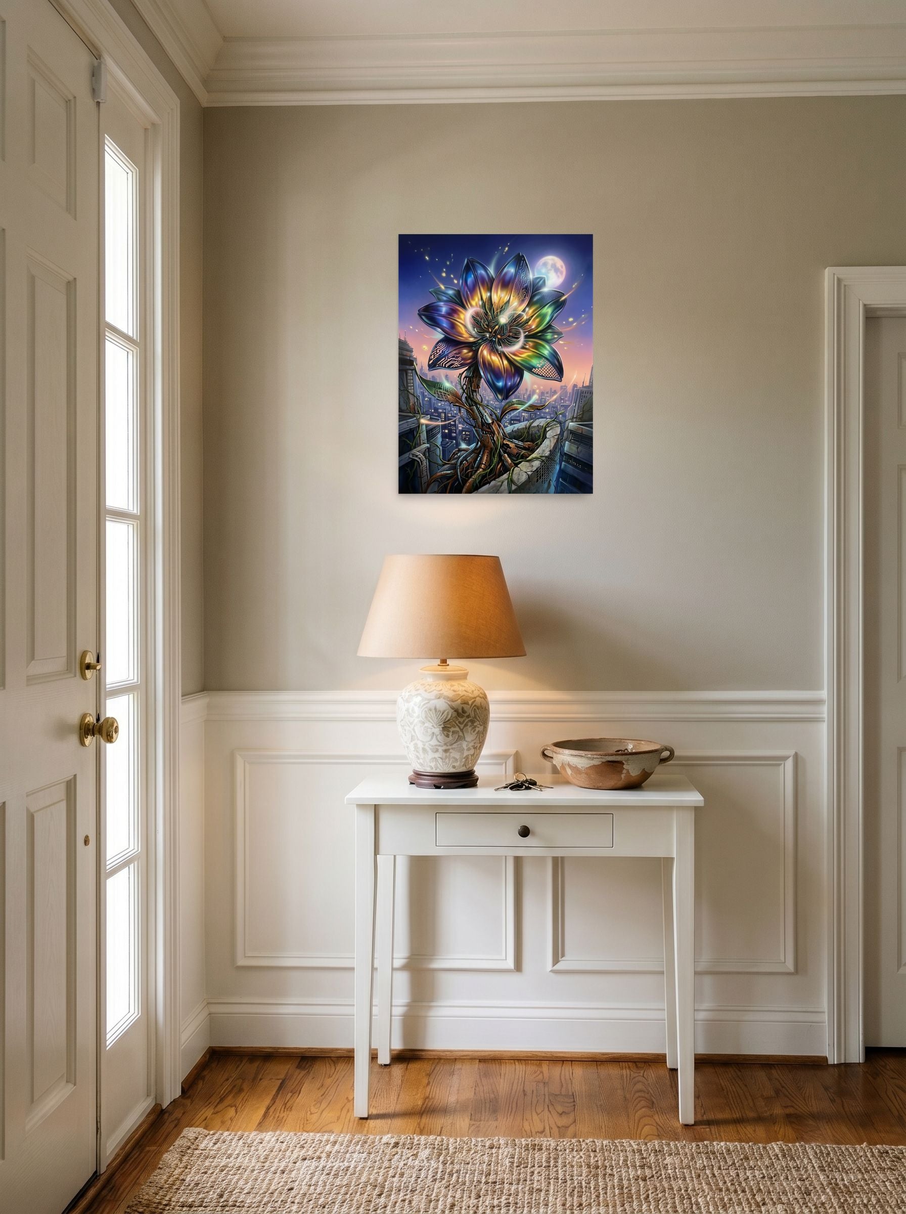 A 18x24 inch unframed paper Digital art print of 'Cybernetic Bloom' hanging in an entryway near a console.