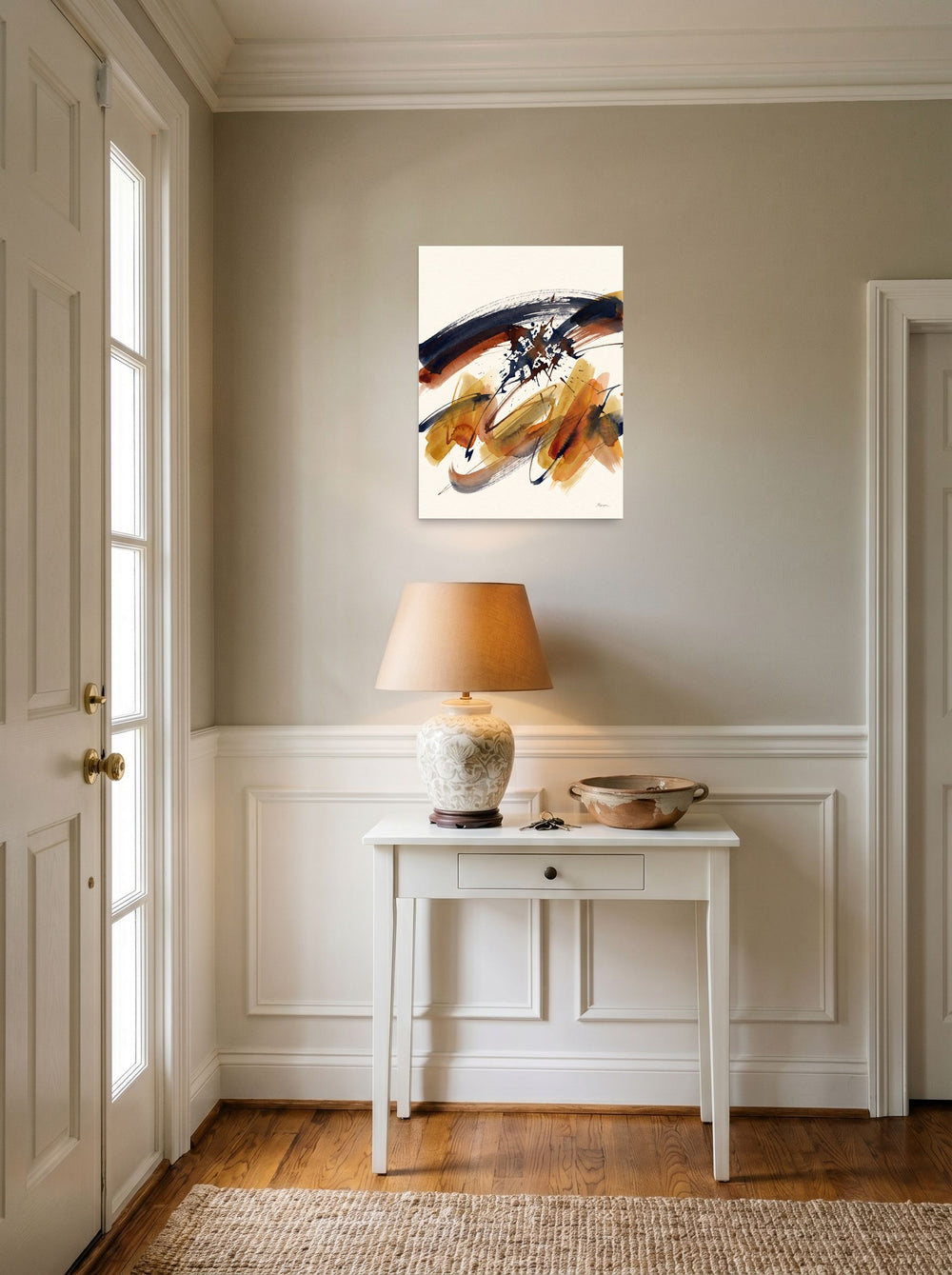 18x24 inch unframed paper print of 'Sienna Momentum', styled above a console table in an entryway.