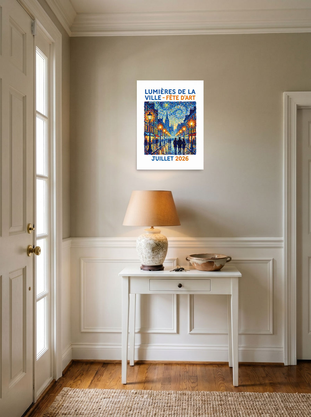 Pointillism wall art 'City Lights Art Festival Poster', unframed paper at 18x24 inch, styled above a console table in an entryway.