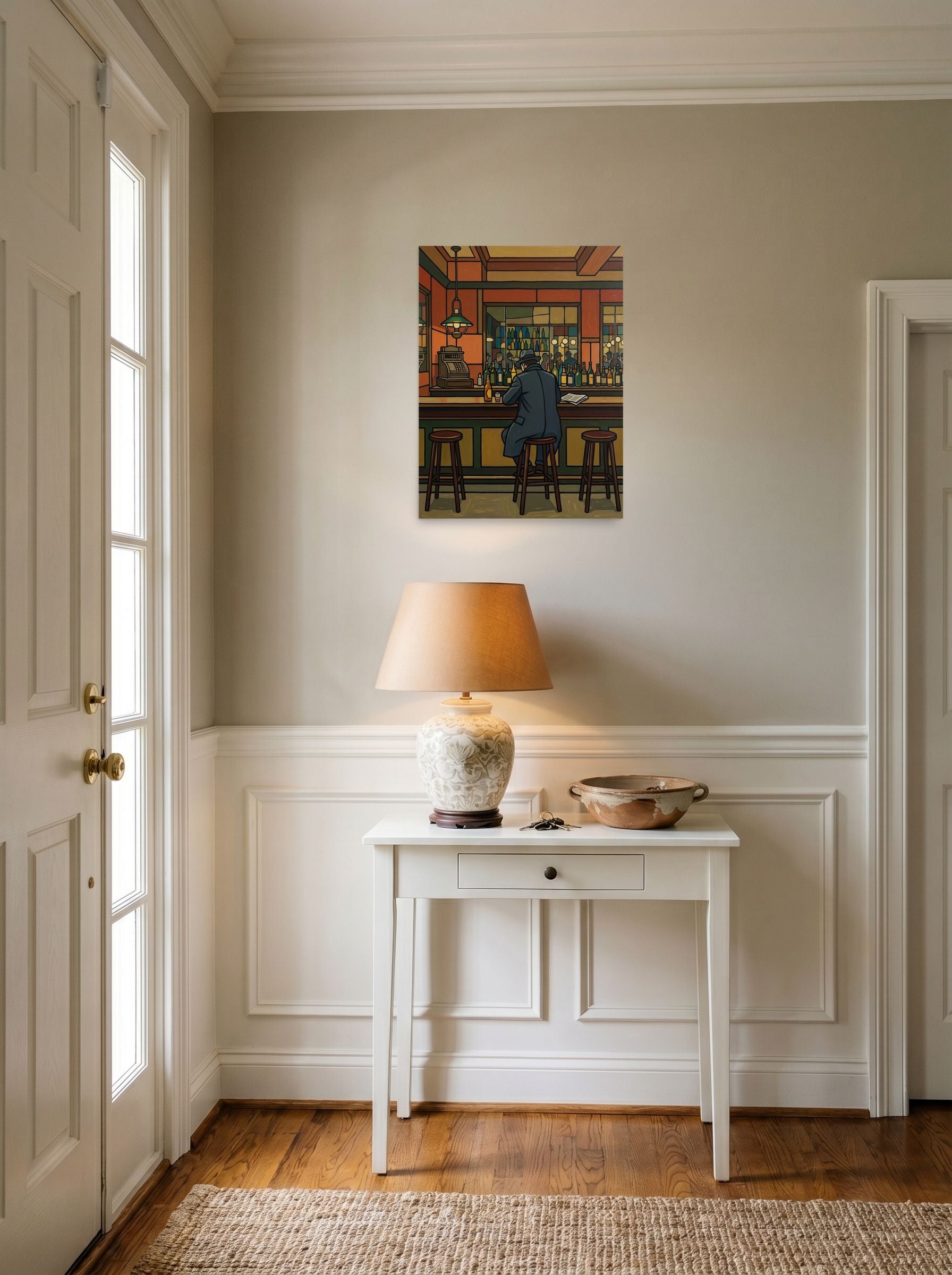 A 18x24 inch unframed paper Cloisonnism print of 'Solitude at the Bar' hanging in an entryway near a console.