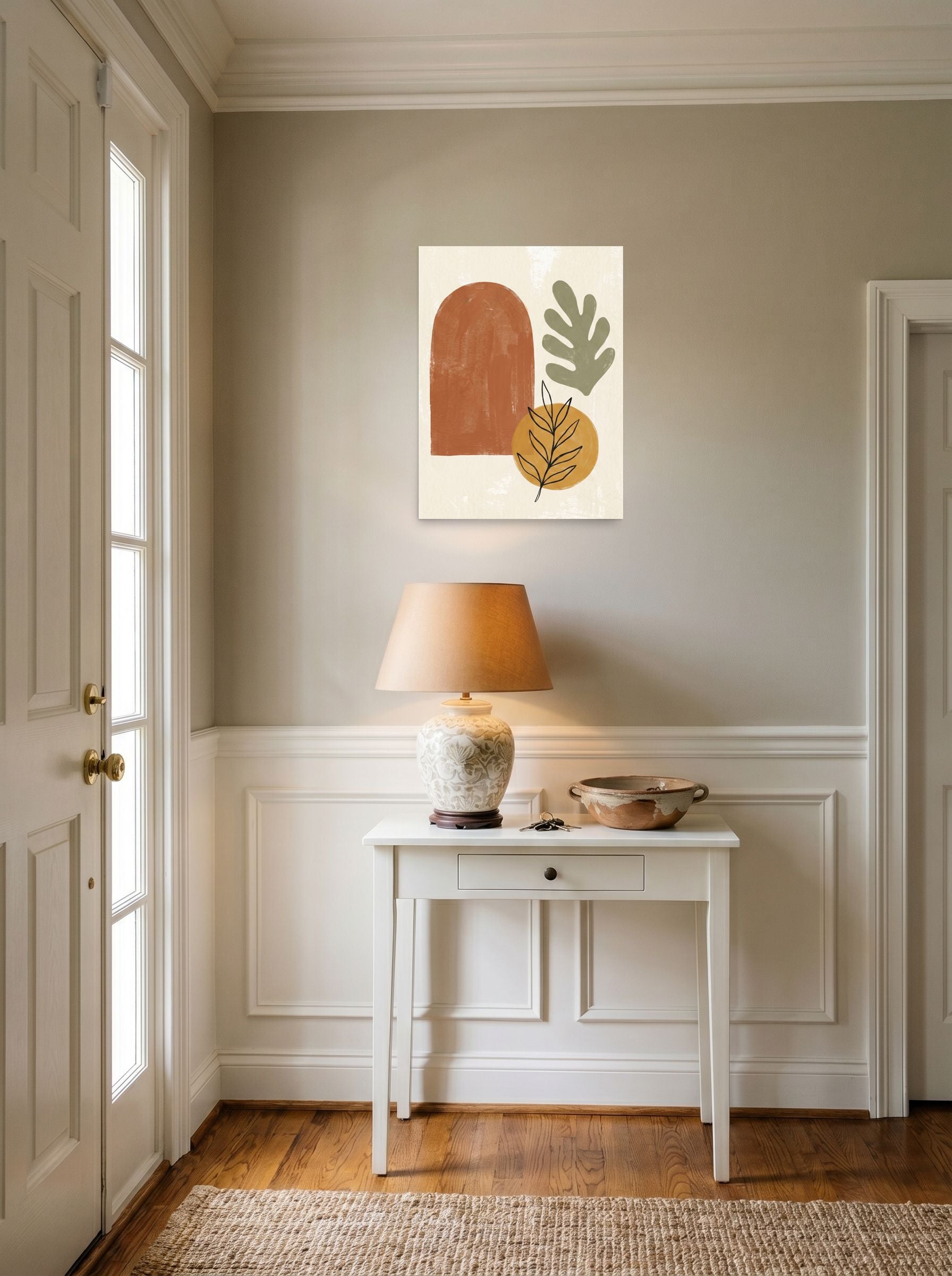 A 18x24 inch unframed paper Minimalism,Abstract art print of 'Botanical Geometry in Earth Tones' hanging in an entryway near a console.