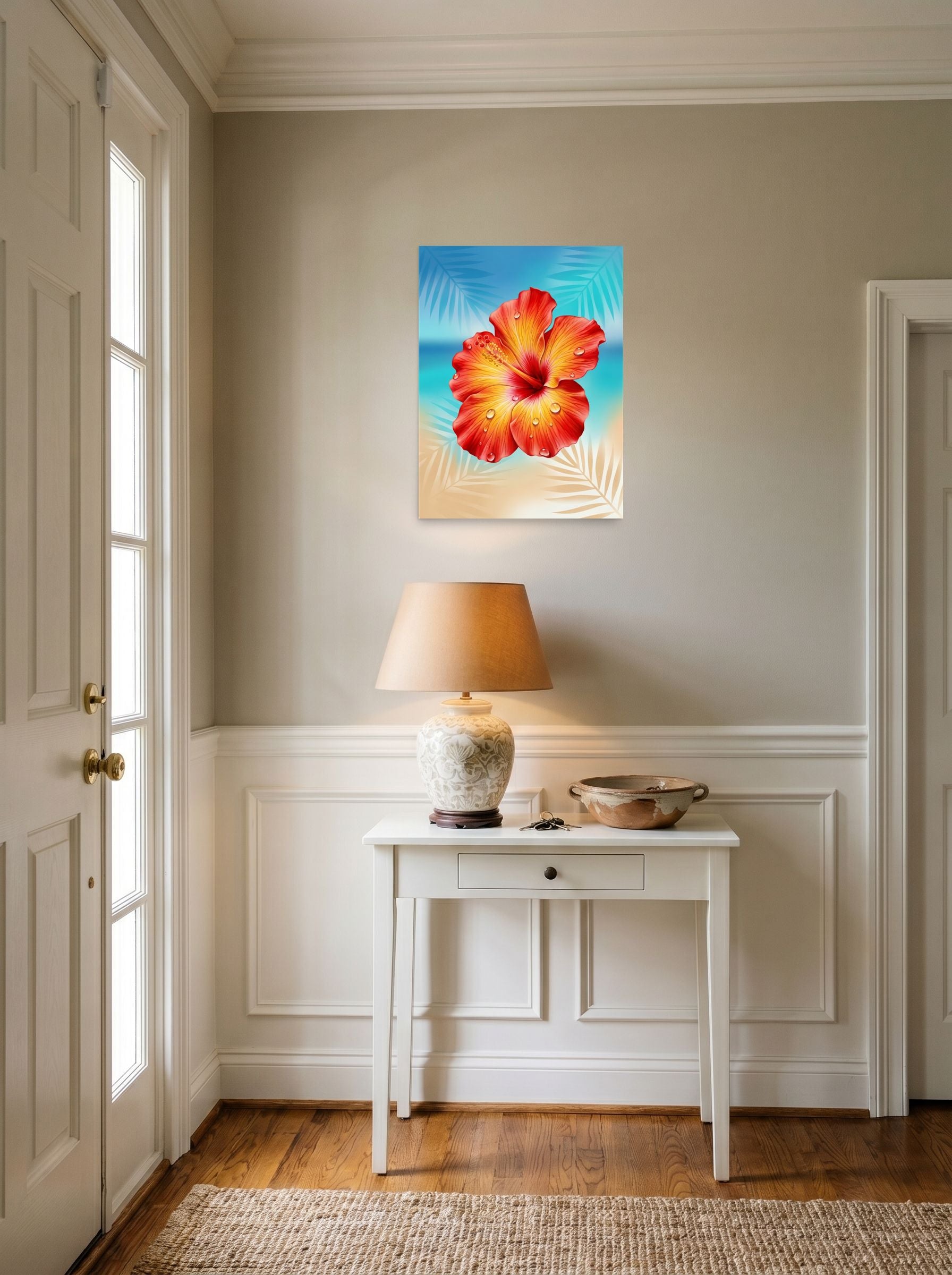 A 18x24 inch unframed paper Realism print of 'Radiant Hibiscus' hanging in an entryway near a console.