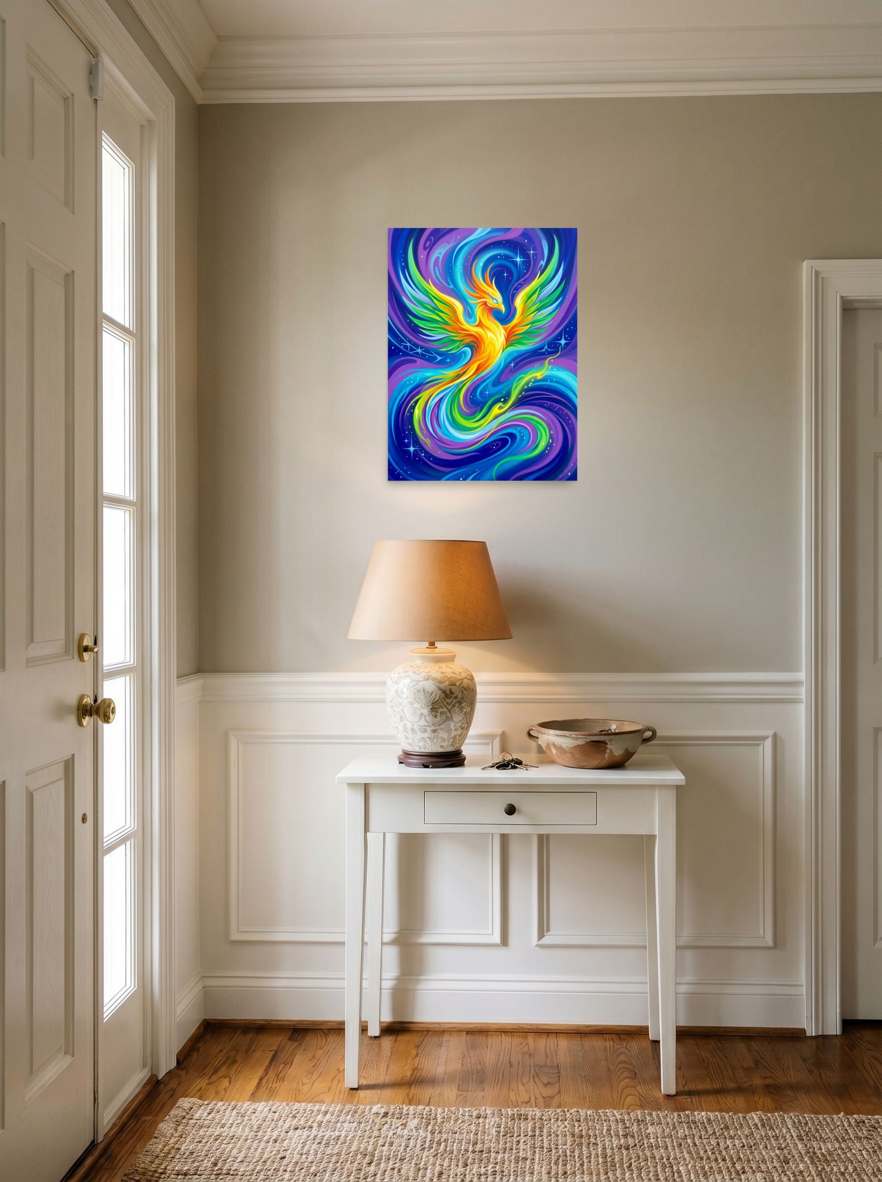 A 18x24 inch unframed paper Psychedelic art print of 'Neon Phoenix' hanging in an entryway near a console.